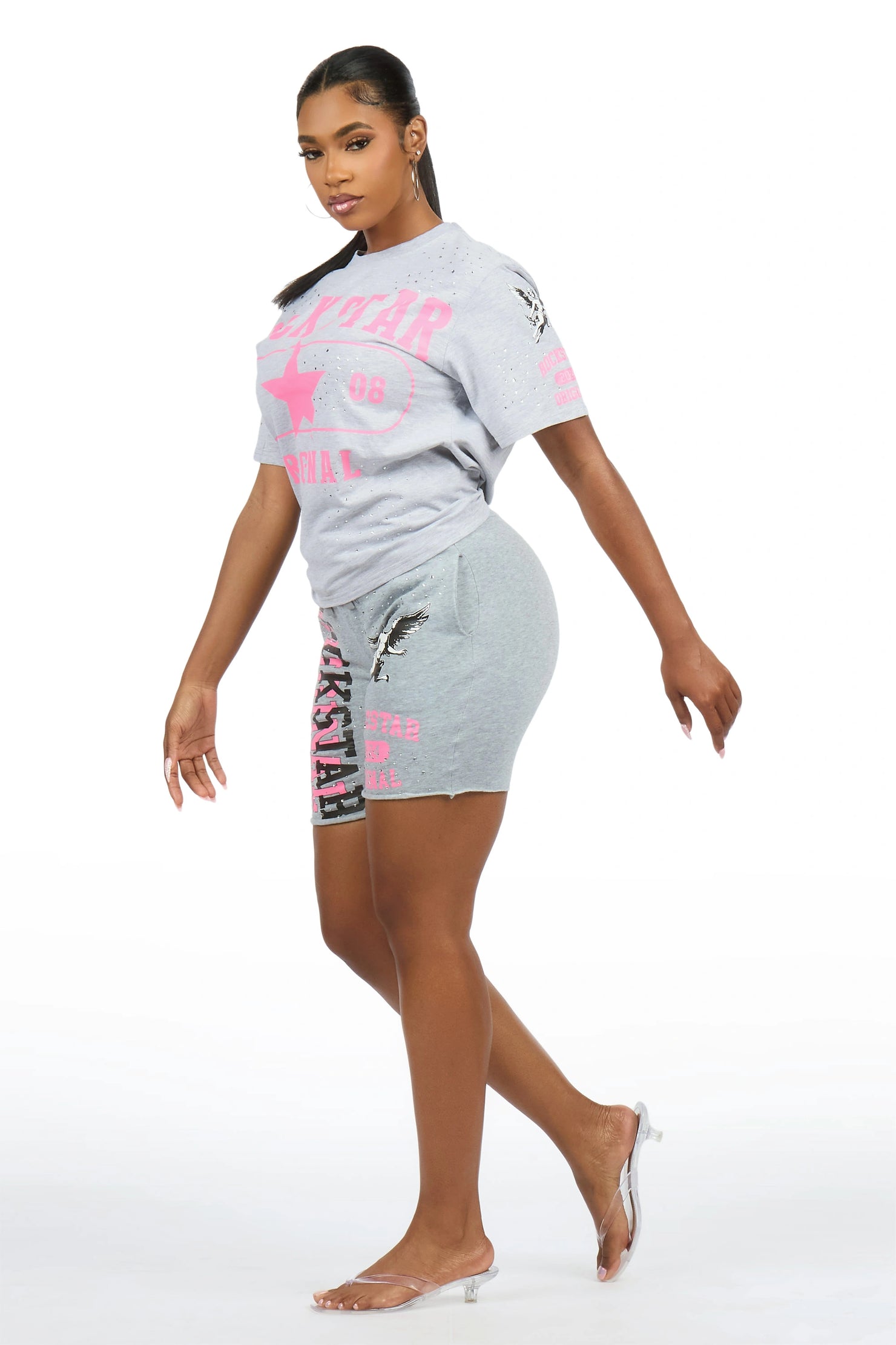 Kyesha Grey Rhinestone T-Shirt Short Set
