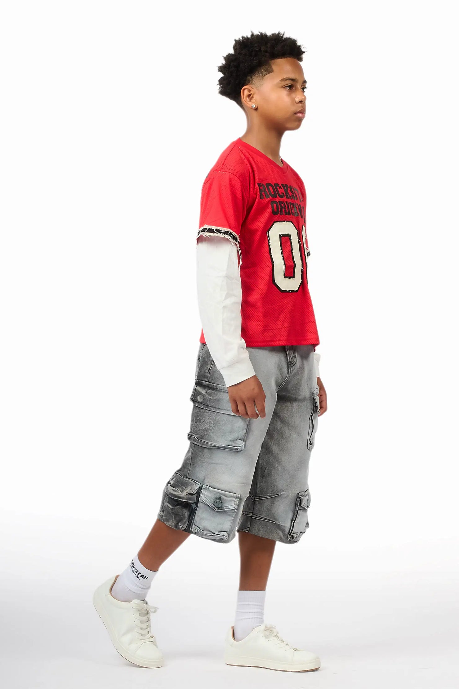 Boys Deston Red/Grey Double Layer T-Shirt/Denim Jort Set