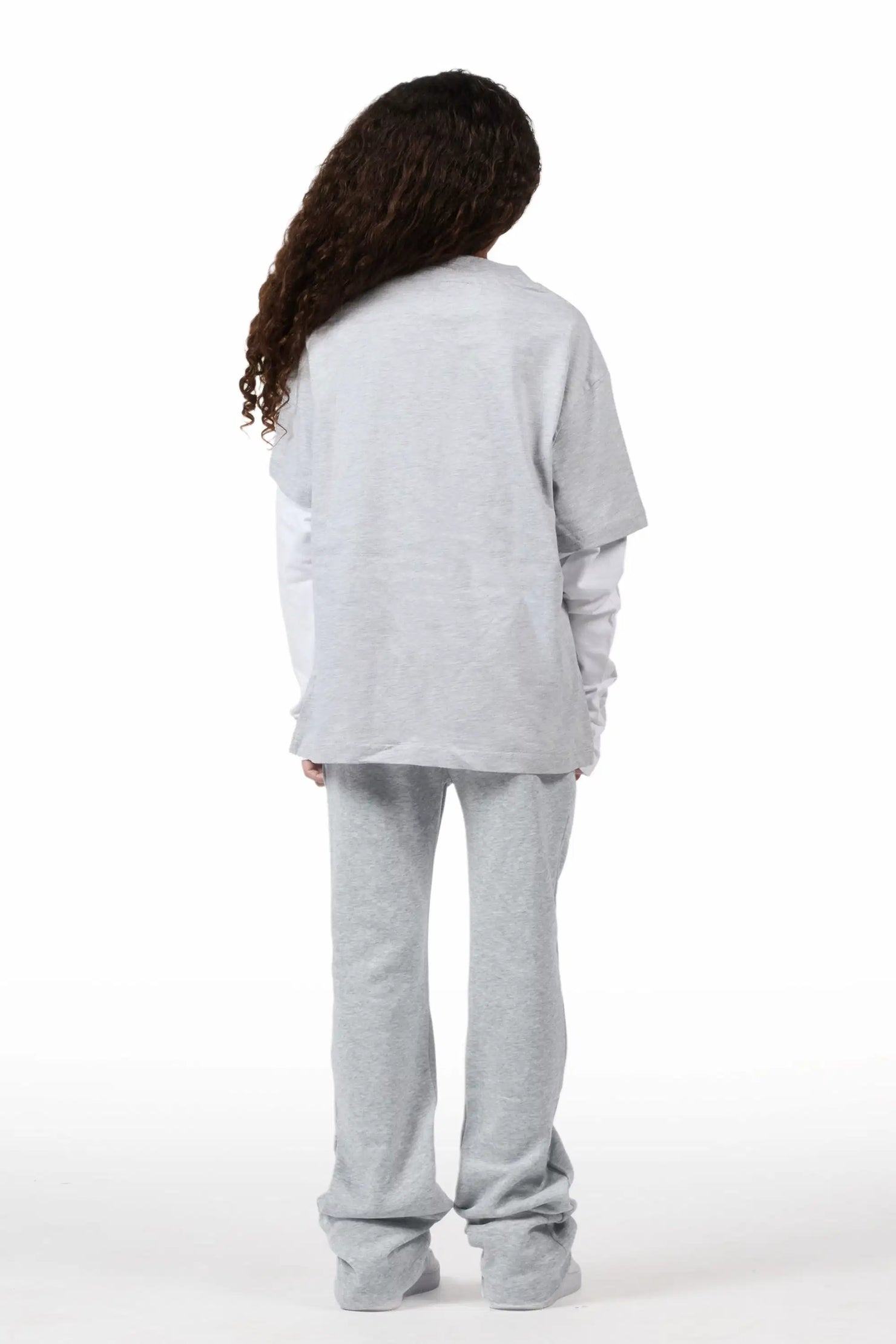 Girls Monique Grey Double Layer T-Shirt Stacked Flare Track Pant Set
