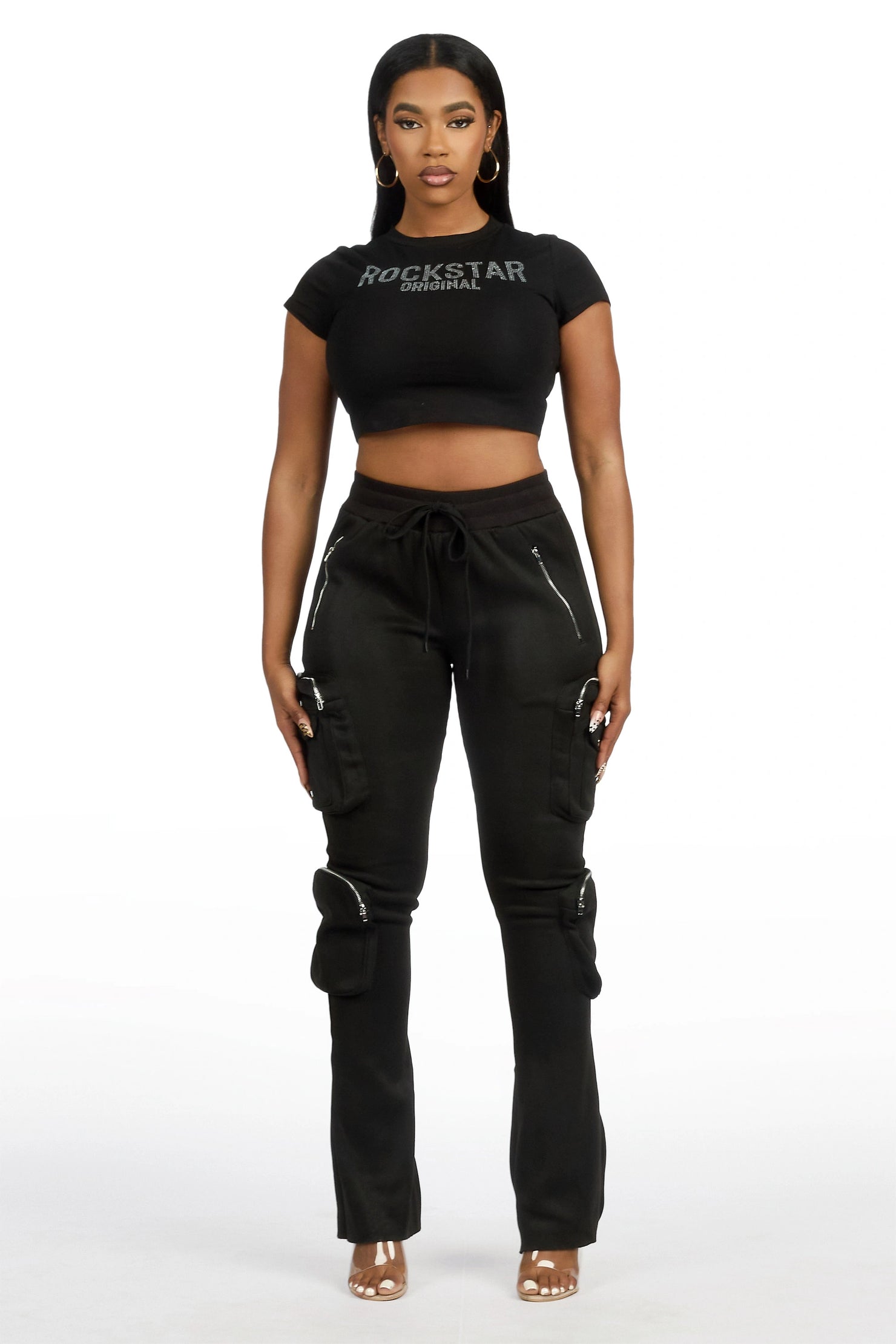 Cheronnie Black Cargo Stacked Track Pant