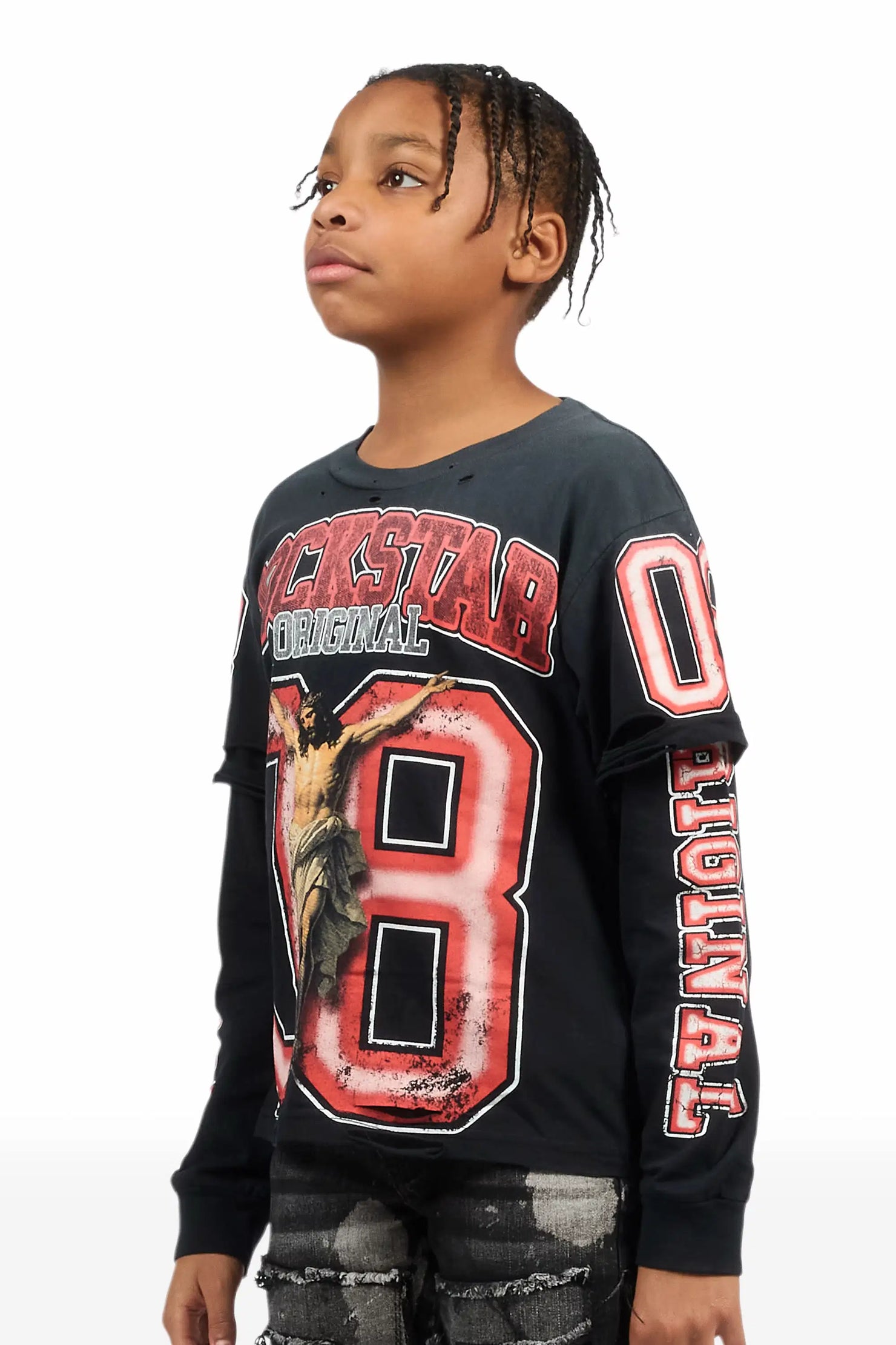 Boys Fields Black/Red Double Layer L/S Graphic T-Shirt