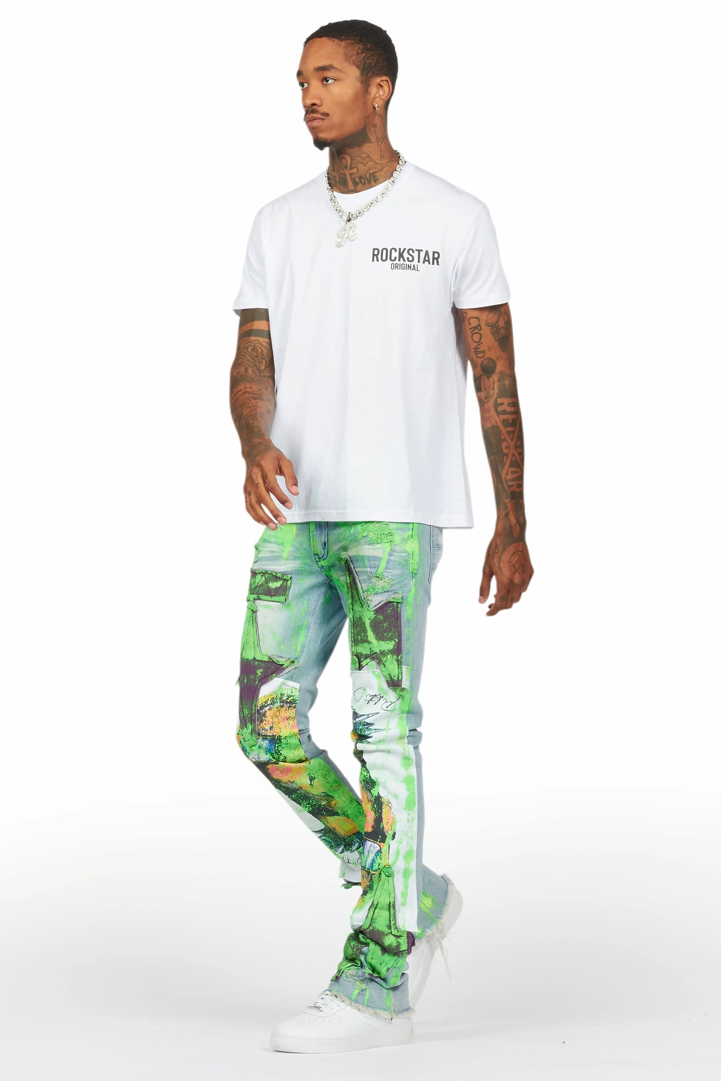 Savier Blue/Green Roller Paint Stacked Flare Jean