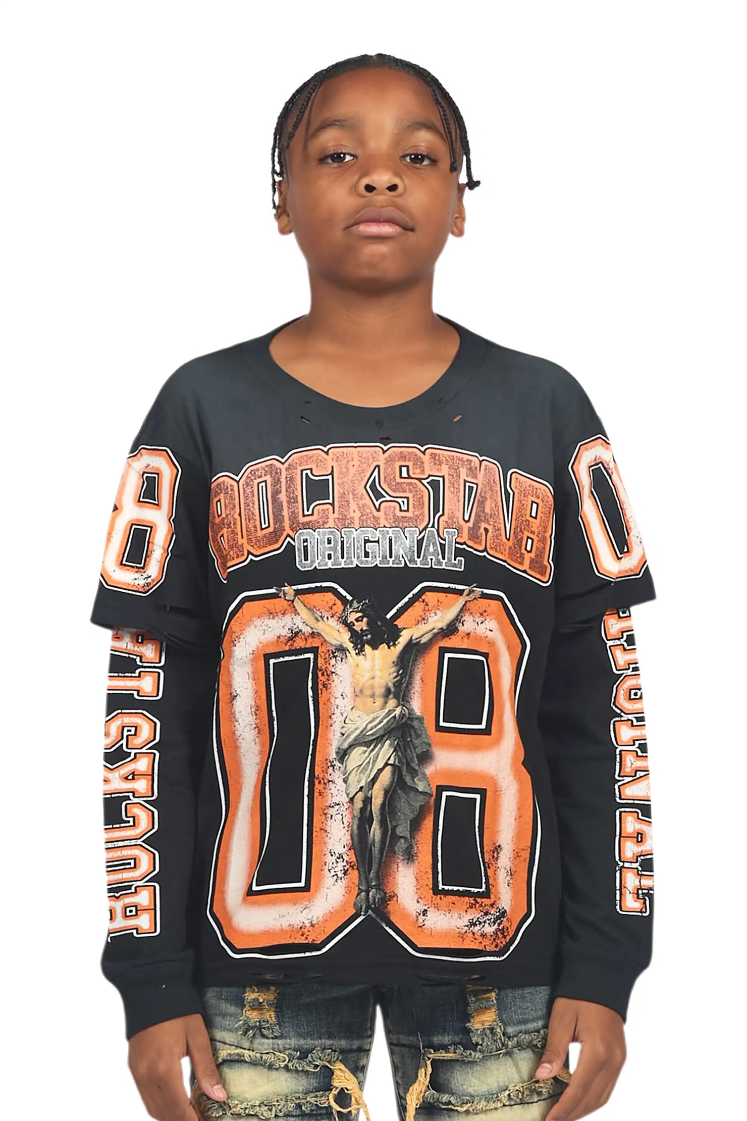 Boys Fields Black/Orange Double Layer L/S Graphic T-Shirt