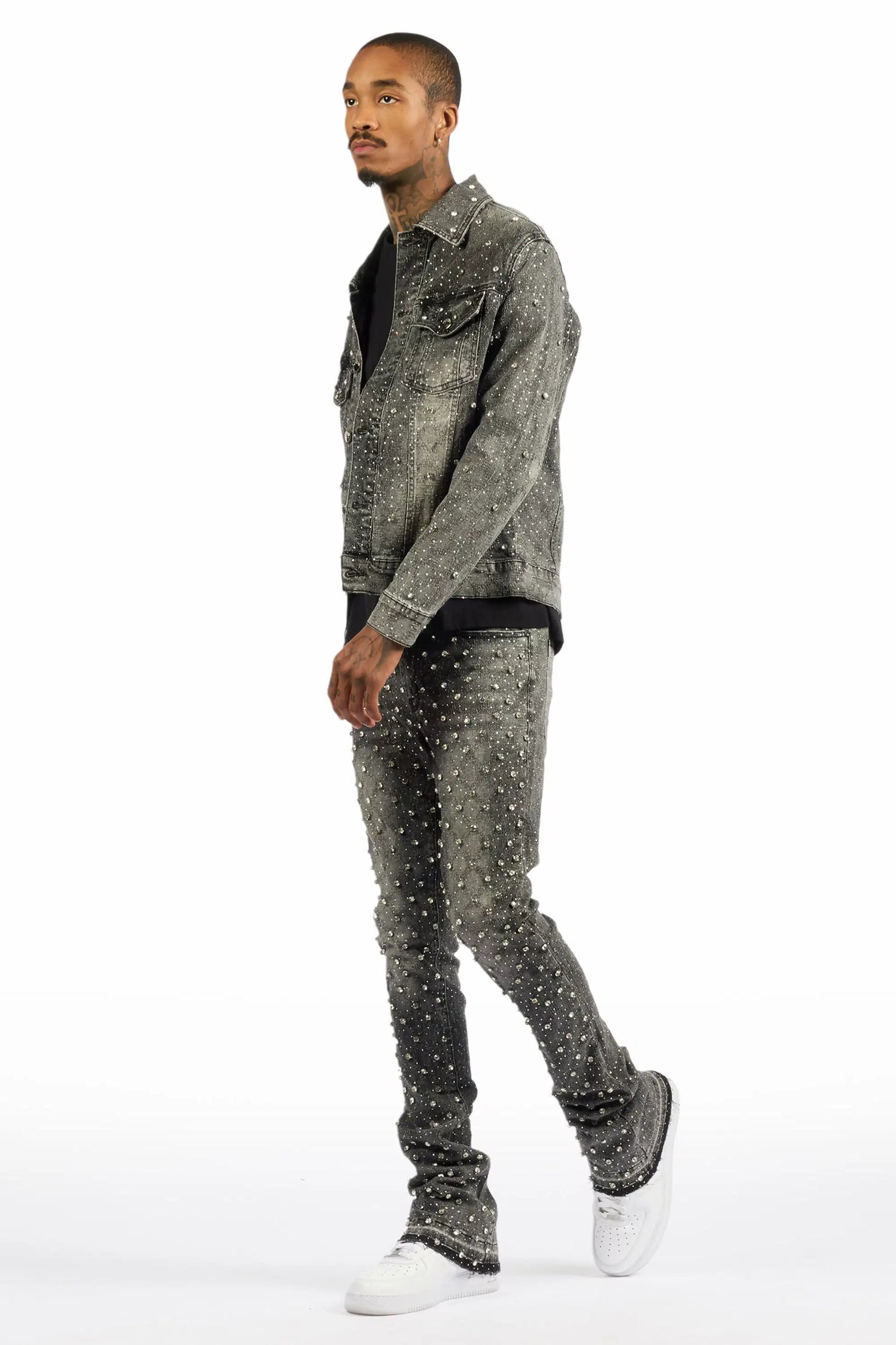 Glit Dark Grey Rhinestone Denim Jacket/Stacked Flare Jean Set