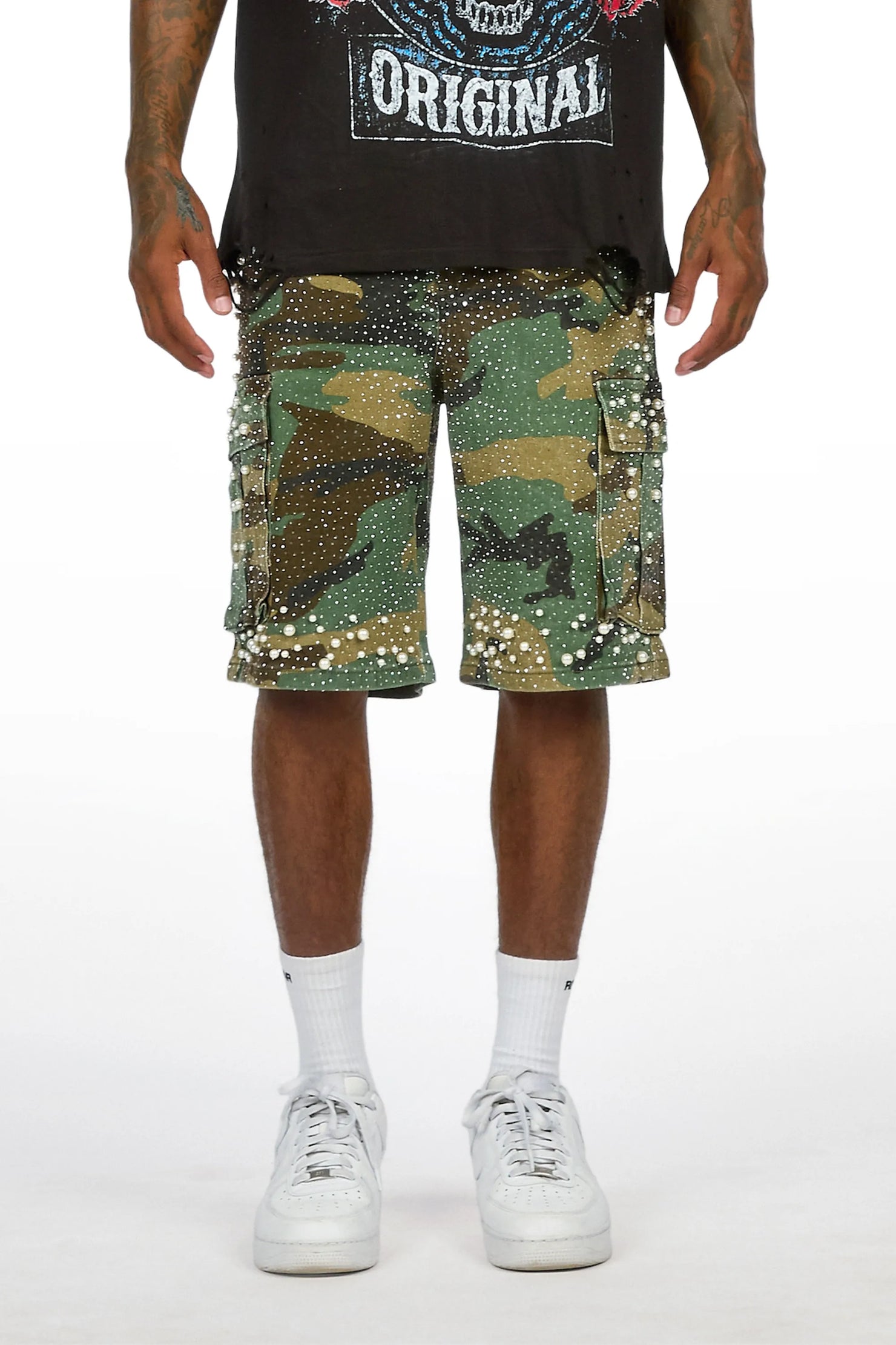 Sevyn Faded Camo Rhinestone Denim Short