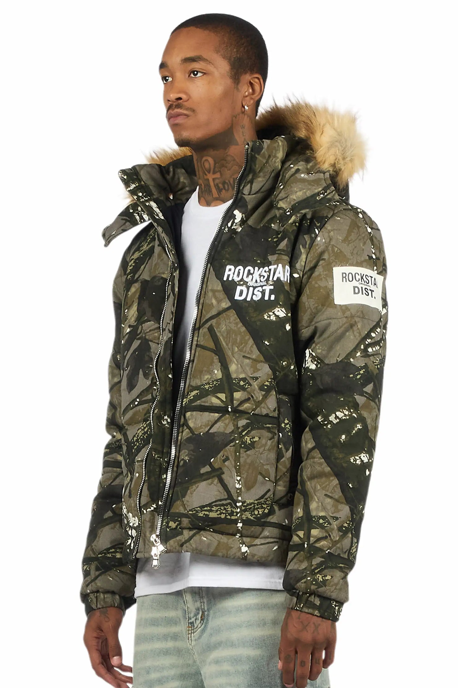 Bevis Camo Puffer Jacket With Faux Fur Hood