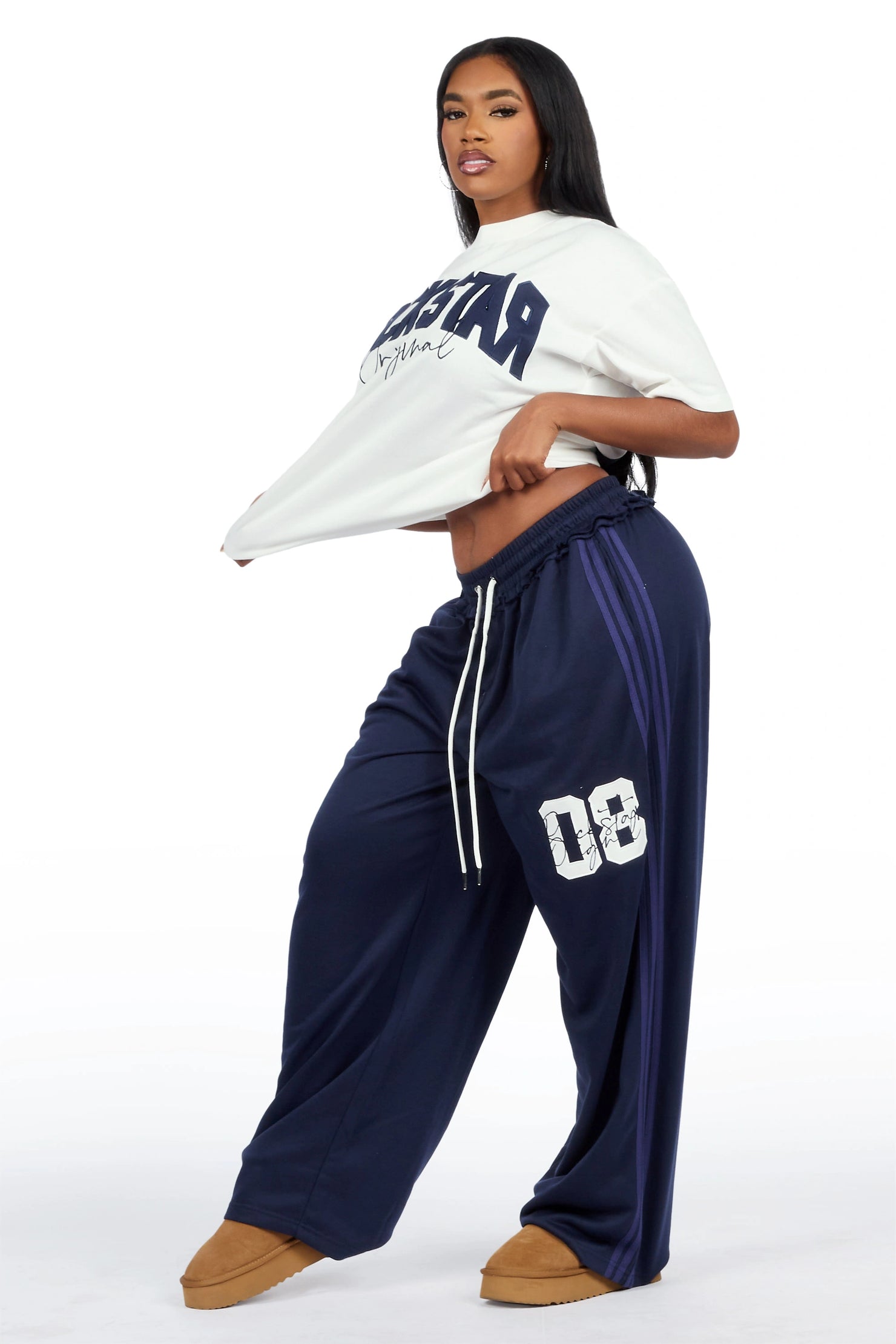 Cheyane White/Navy French Terry Chenille Tee/ French Terry Relaxed Track Set