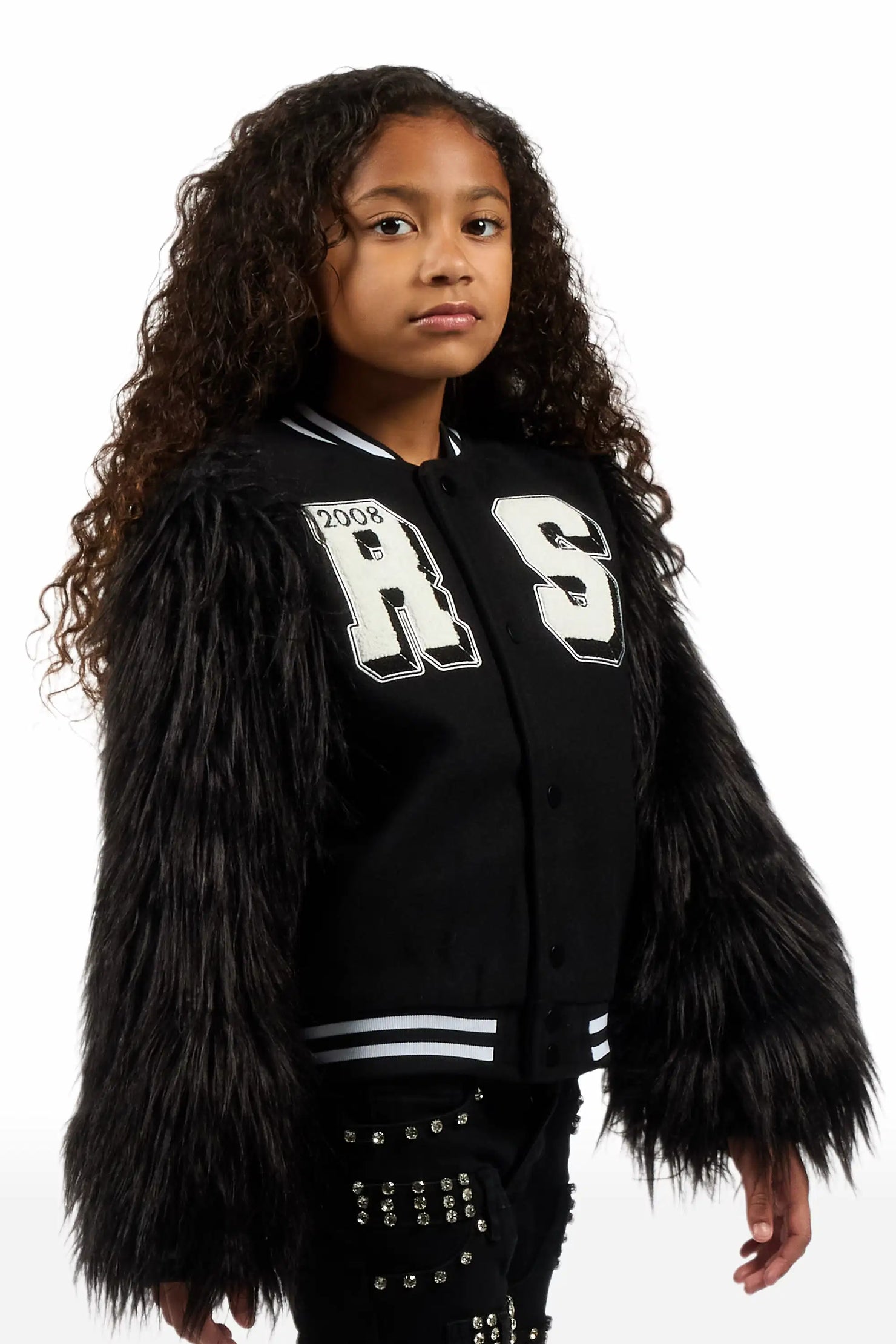 Girls Jameicia Black Fur Sleeve Varsity Jacket