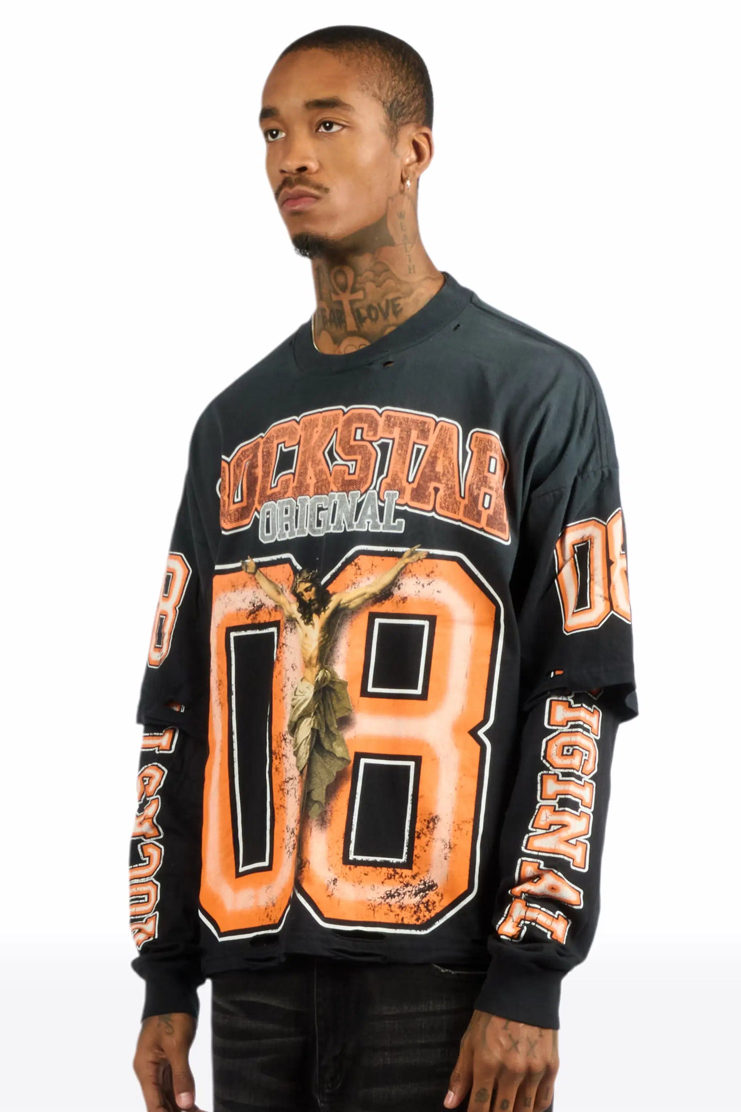 Fields Black/Orange Double Layer Long Sleeve Graphic T-Shirt