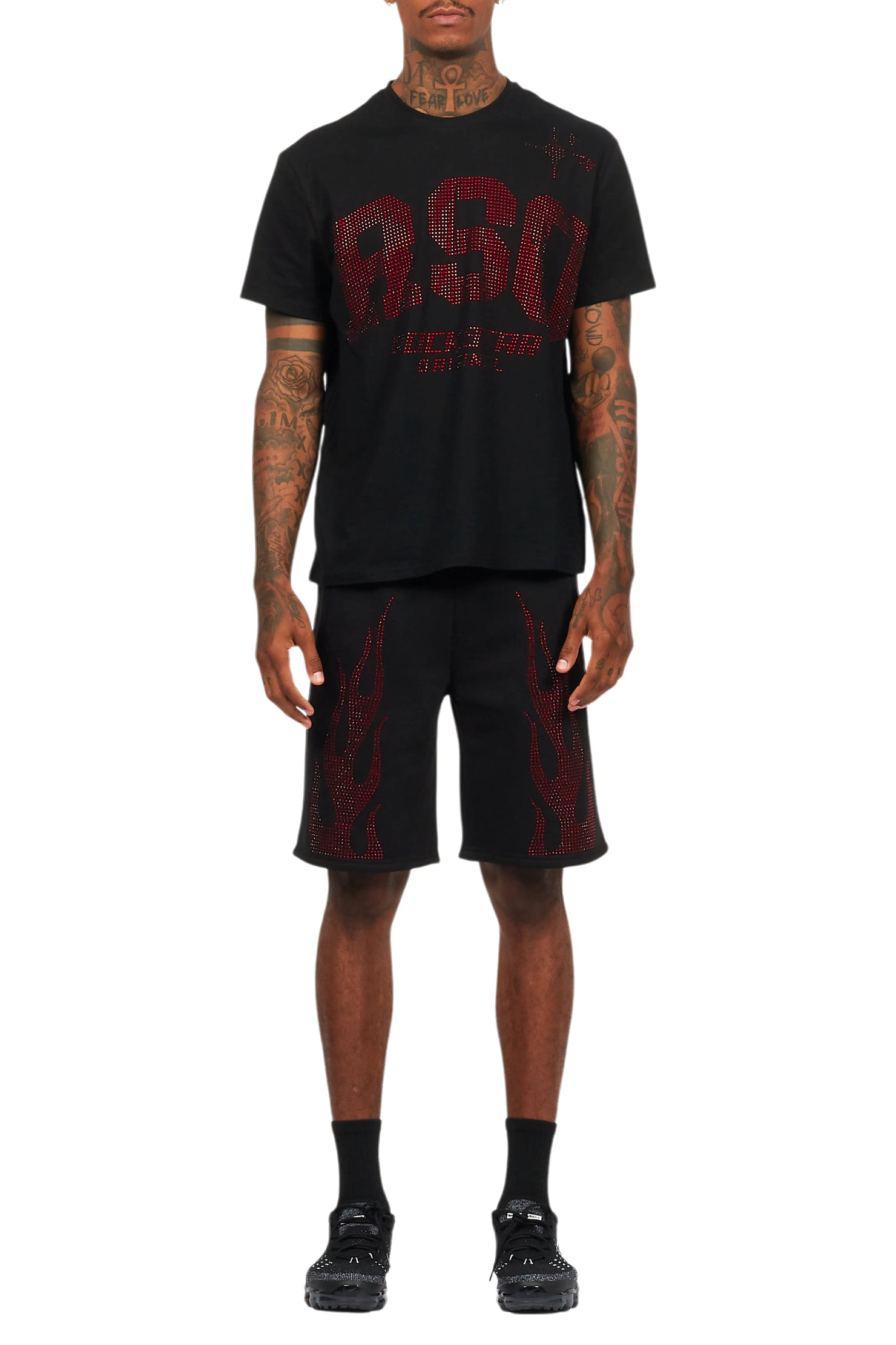 Bellamy Black/Red Rhinestone Tee Short Set