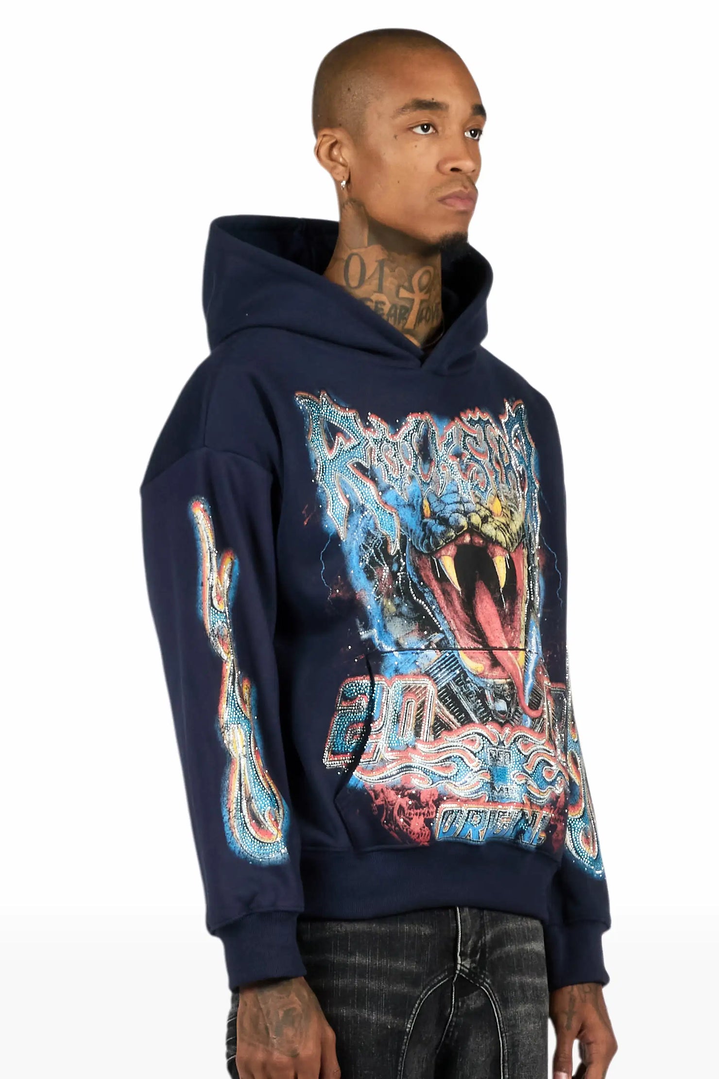 Rhylo Navy Rhinestone Oversized Hoodie