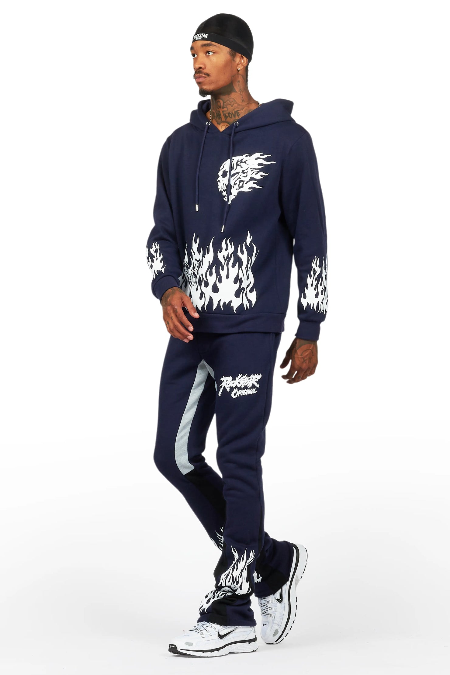 Bubble Navy Stacked Flare Hoodie Track Set