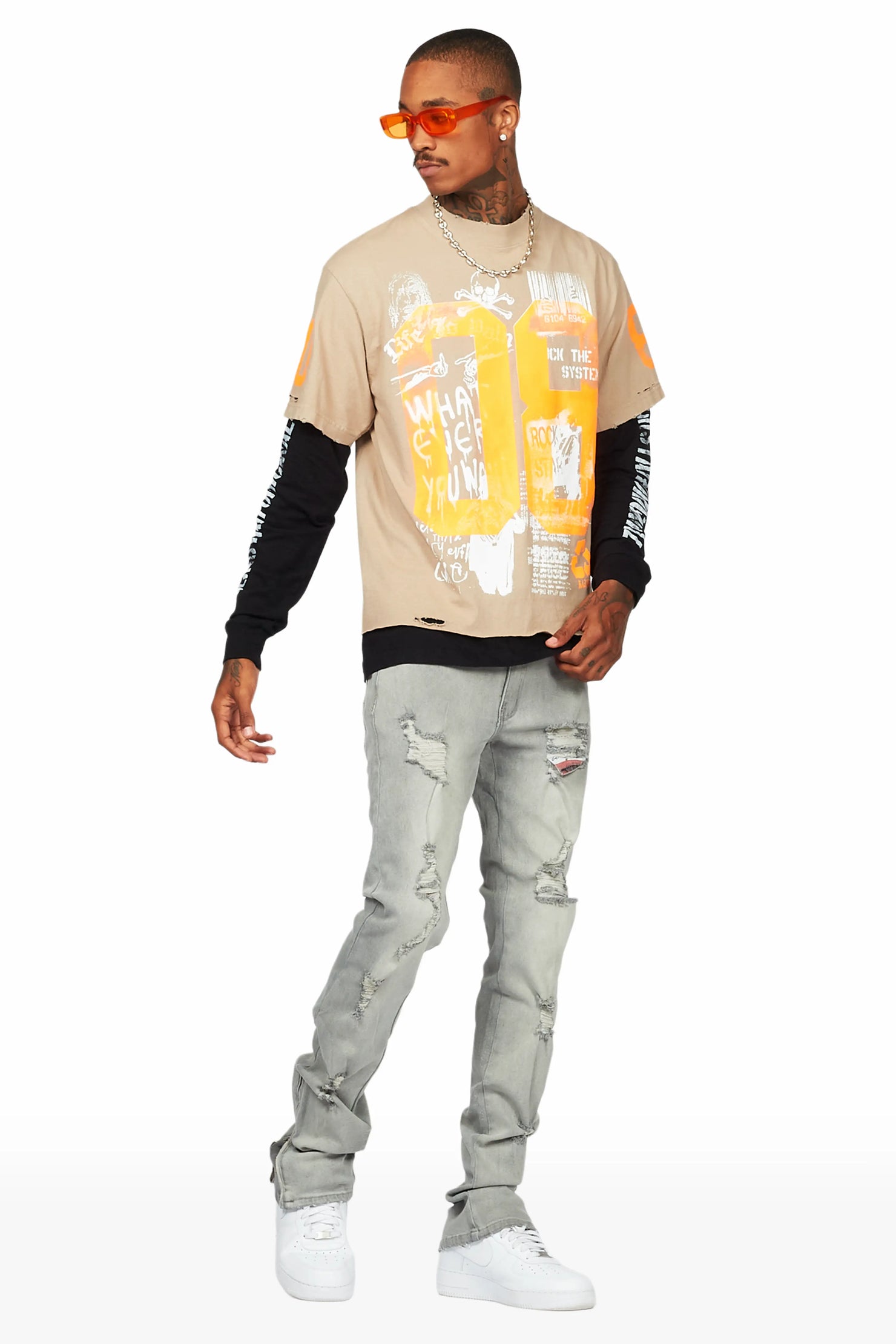 Ezio Light Grey Stacked Flare Jean