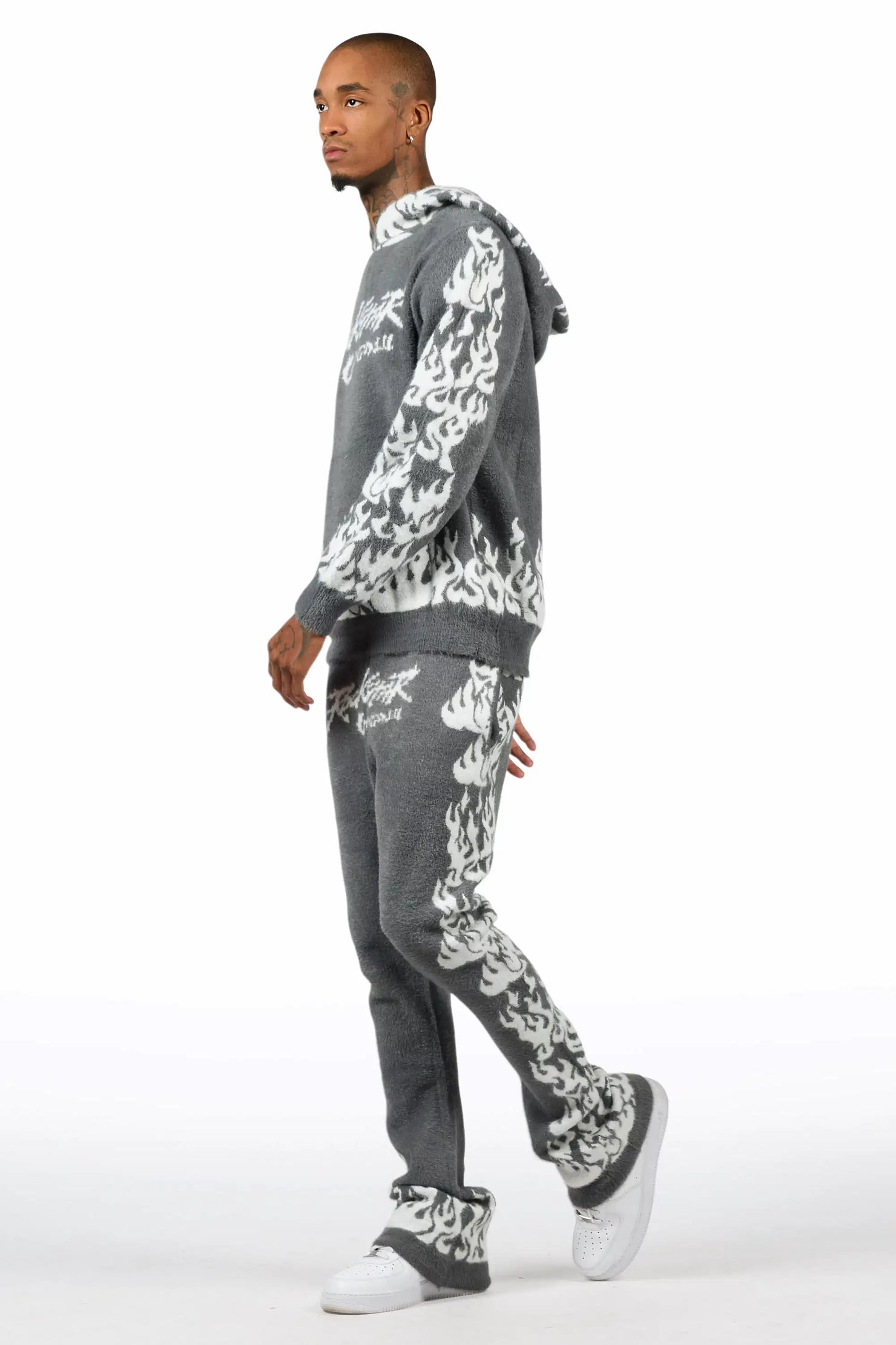 Yash Grey Hoodie Stacked Flare Track Set