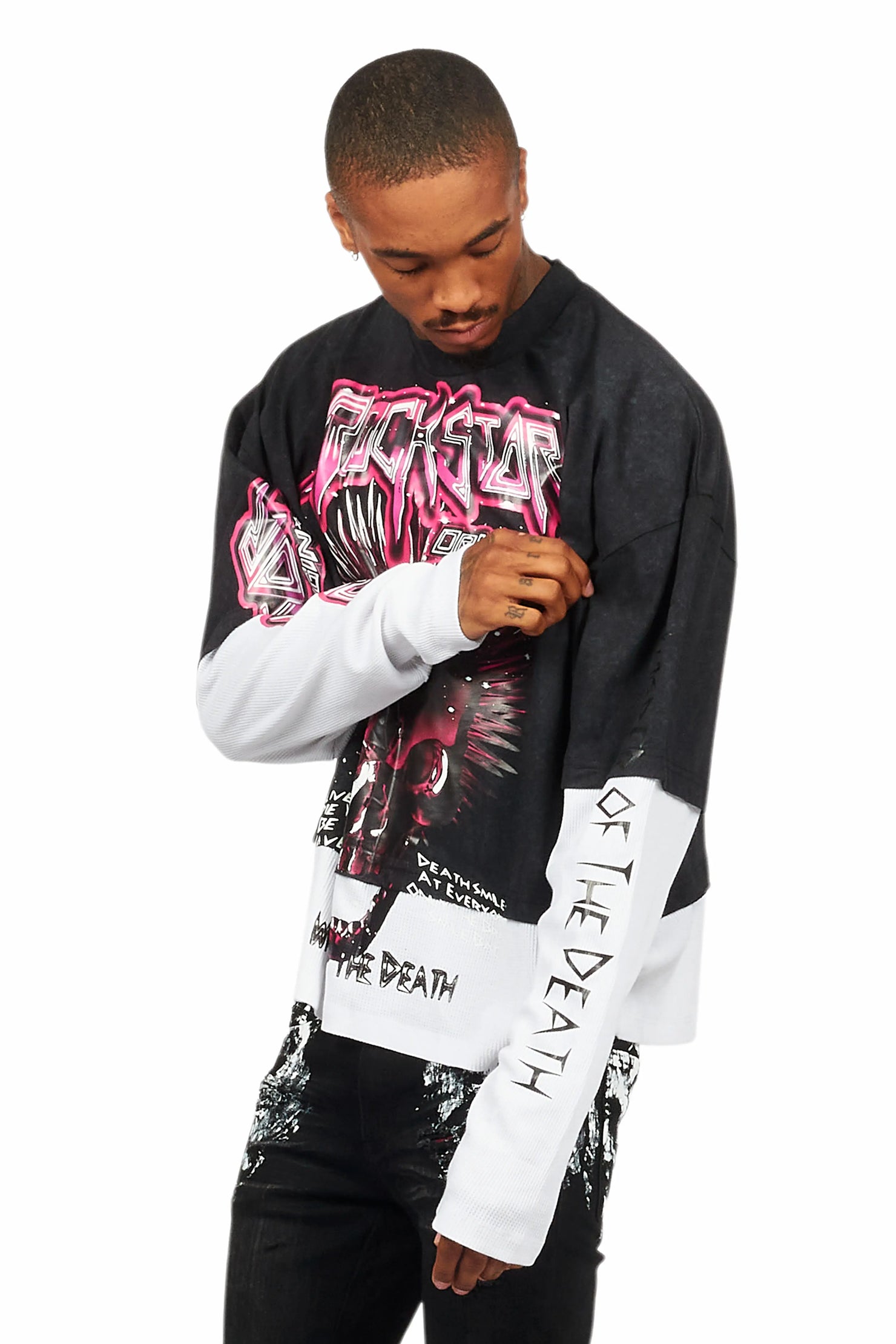 Cariel Vintage Black Thermal Double Layer Boxy Crop T-Shirt