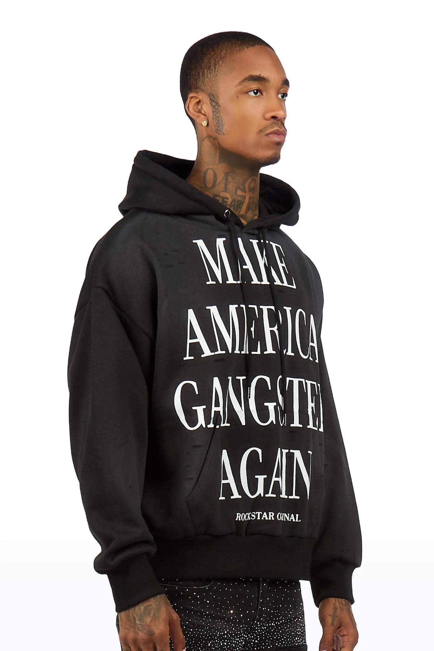 Drako Black Graphic Distressed Relaxed Hoodie