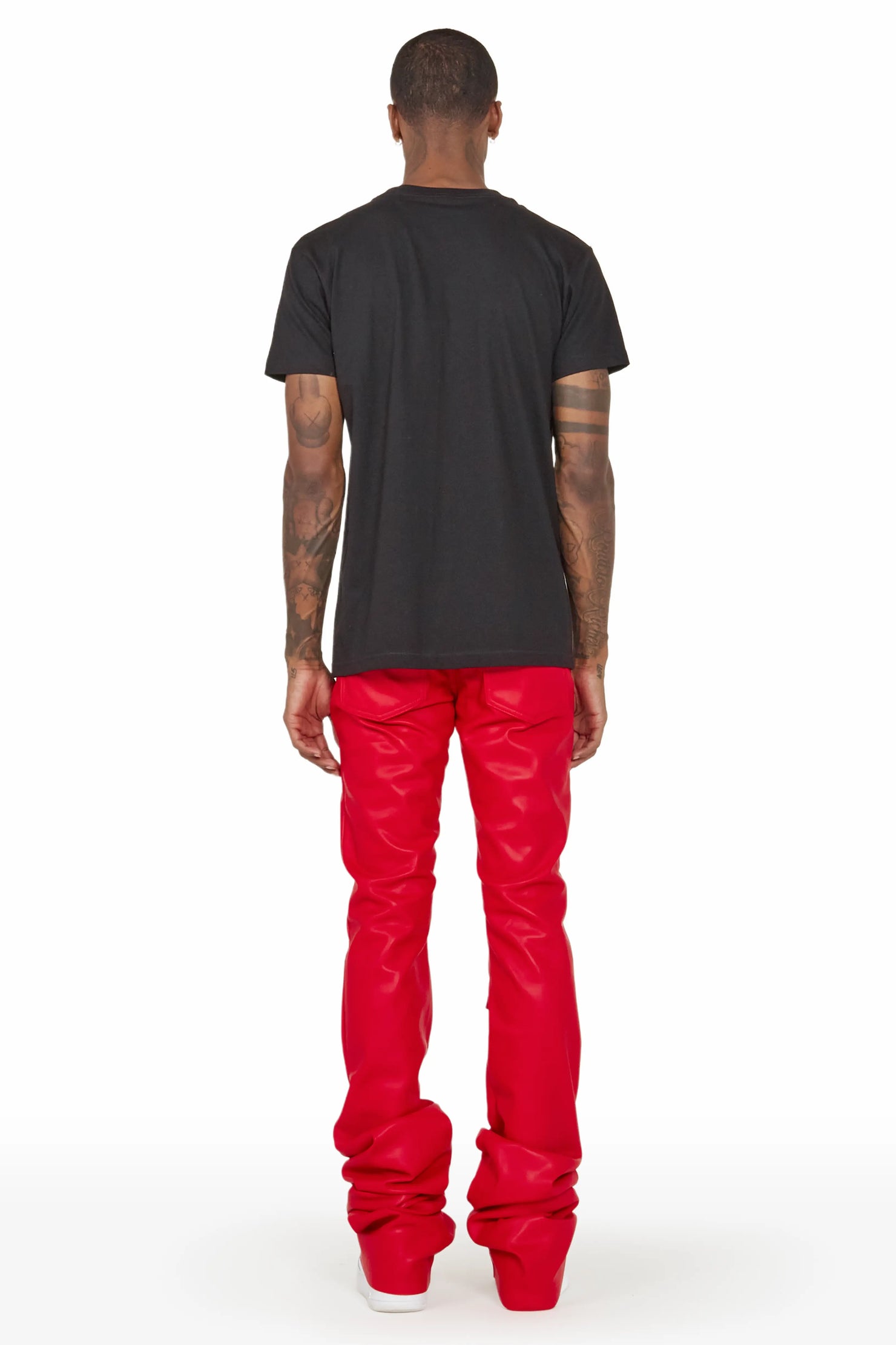 Petrus Red Faux Leather Super Stacked Flare Jean