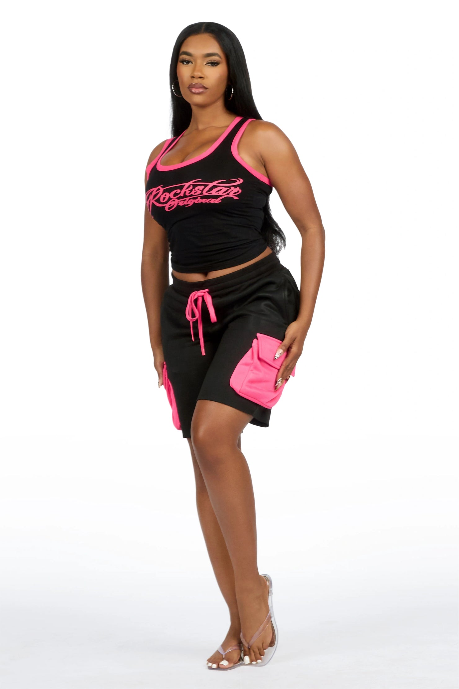Charise Black/Pink Tank Cargo Short Set