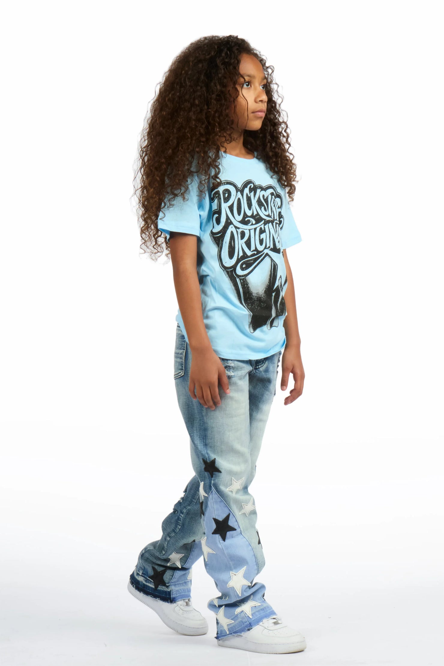 Girls Zayda Light Blue/Blue T-Shirt Stacked Jean Set