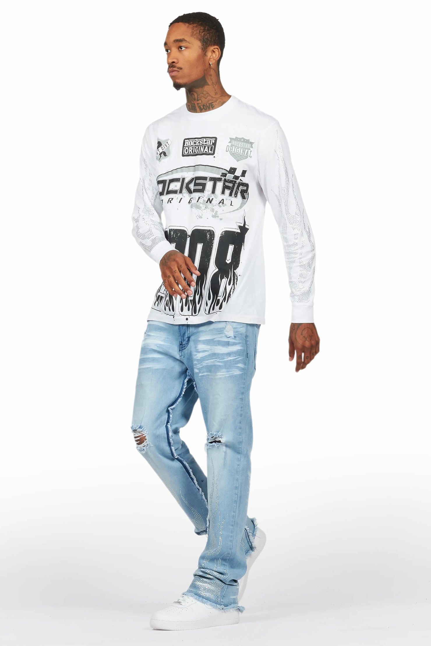 Amos White/Blue Rhinestone Long Sleeve T-Shirt/Stacked Flare Jean Set