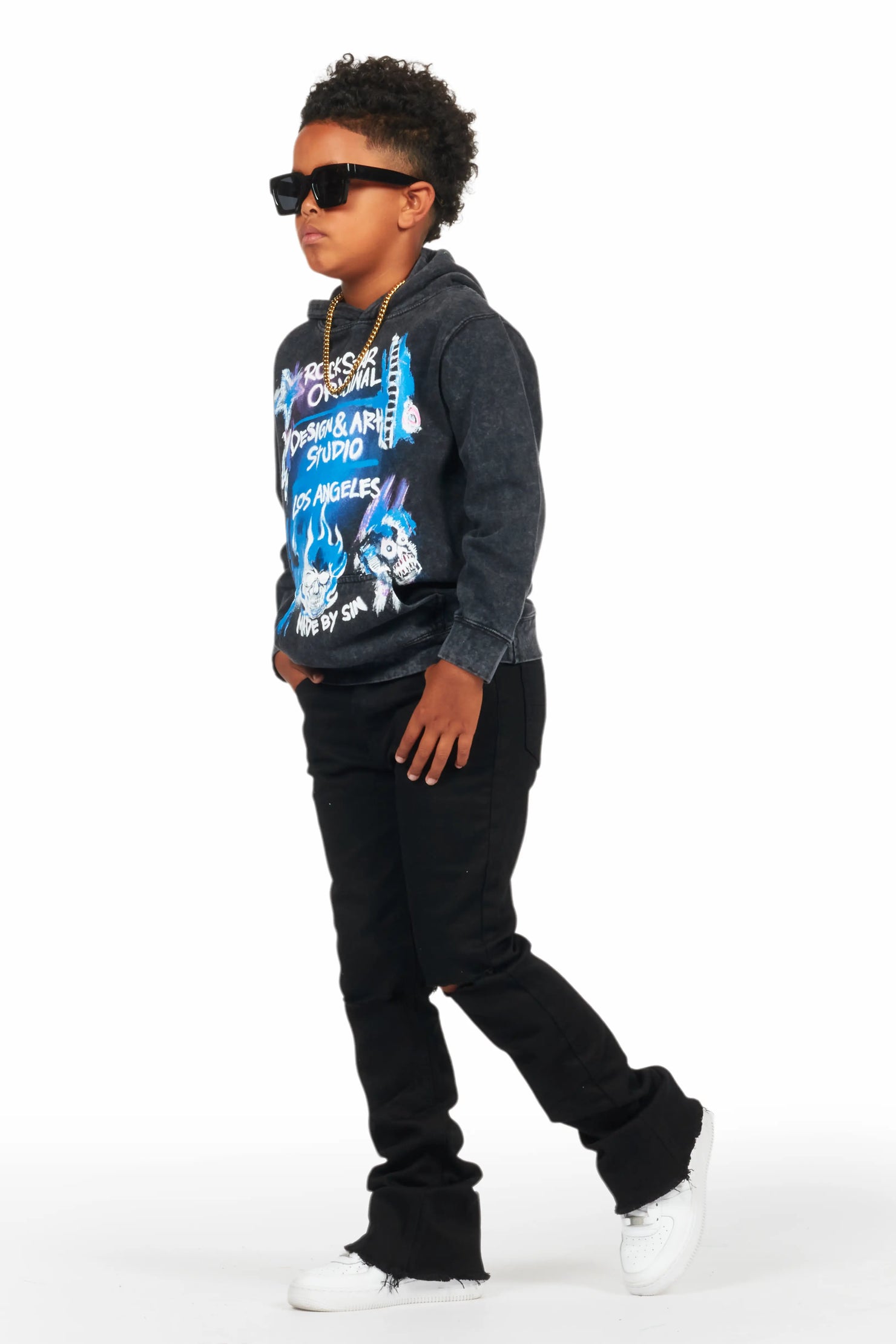 Boys Soweto Vintage Black Hoodie/Stacked Flare Jean Set