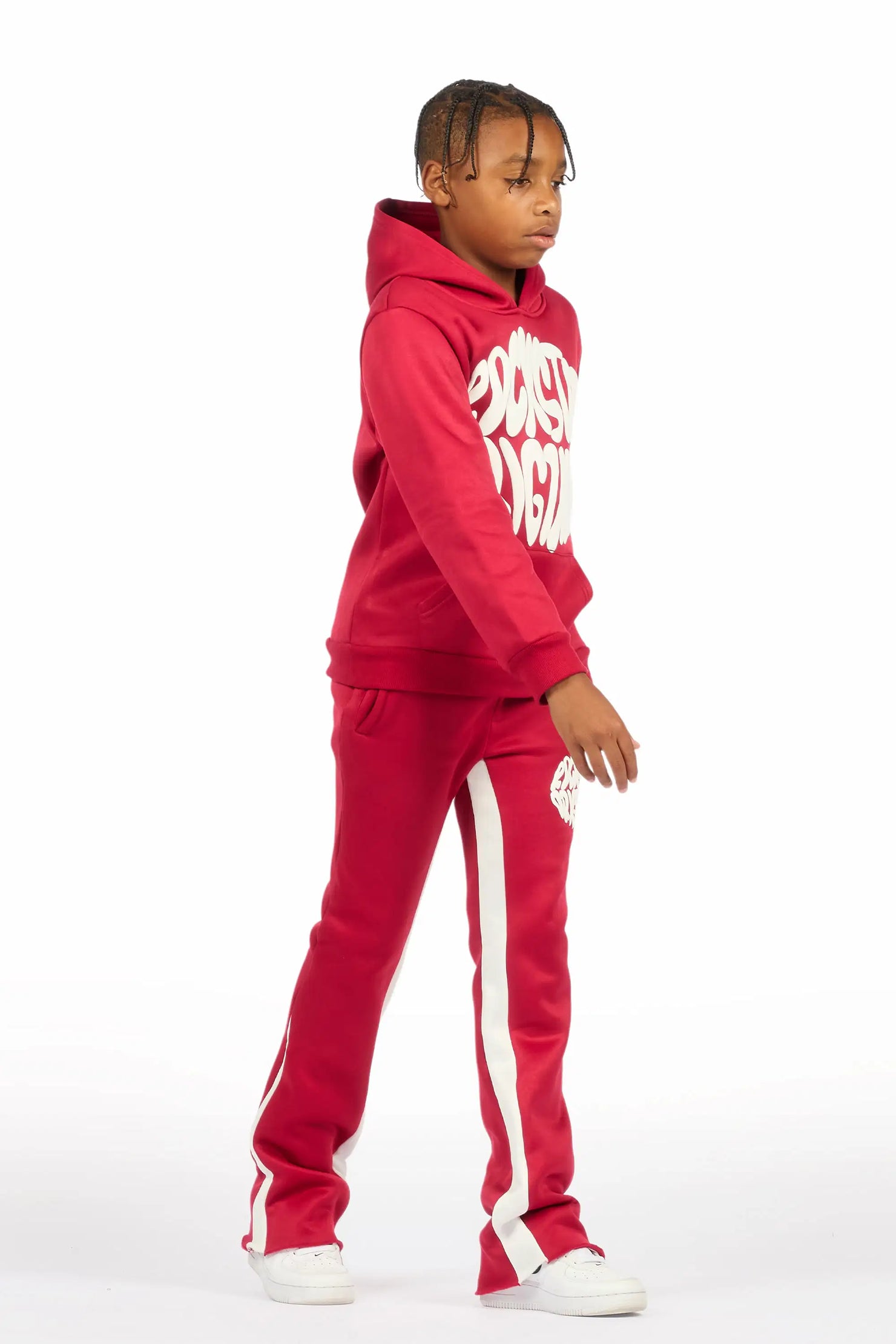 Boys Thierry Burgundy/White Stacked Flare Track Pant Set