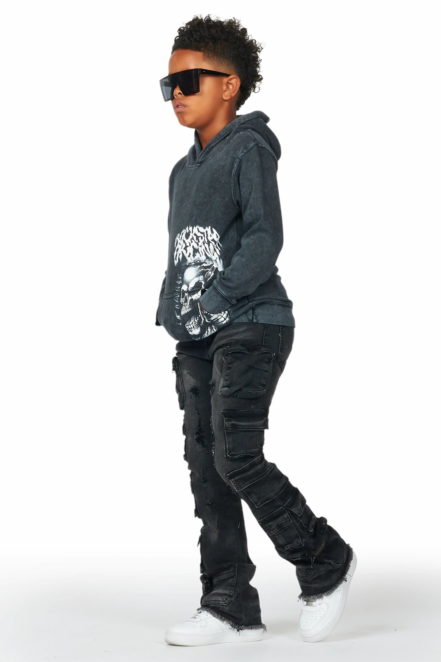 Boys Root Vintage Black Hoodie/Cargo Stack Flare Jean Set