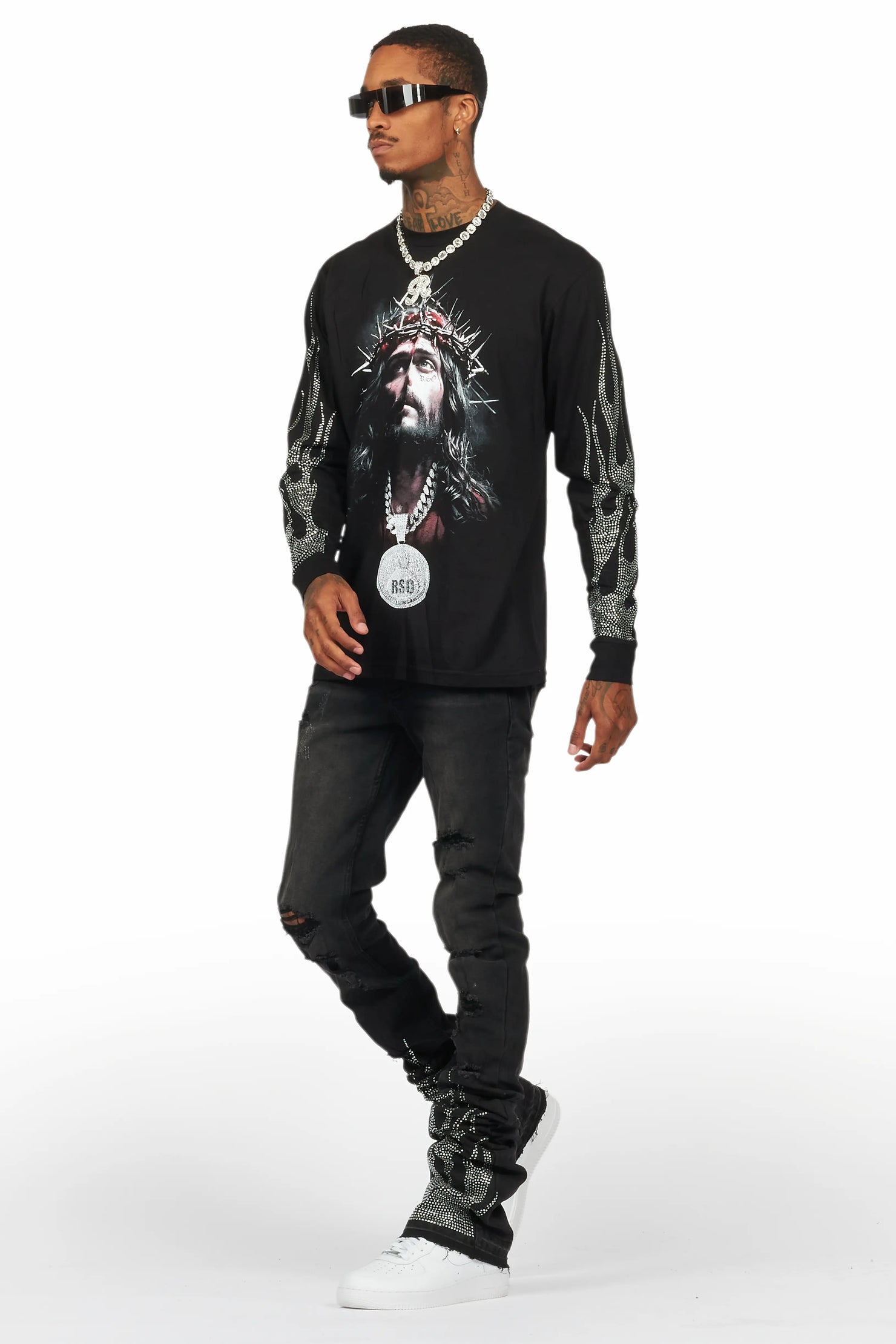 Amina Black Rhinestone Long Sleeve T-Shirt/Super Stacked Flare Jean Set