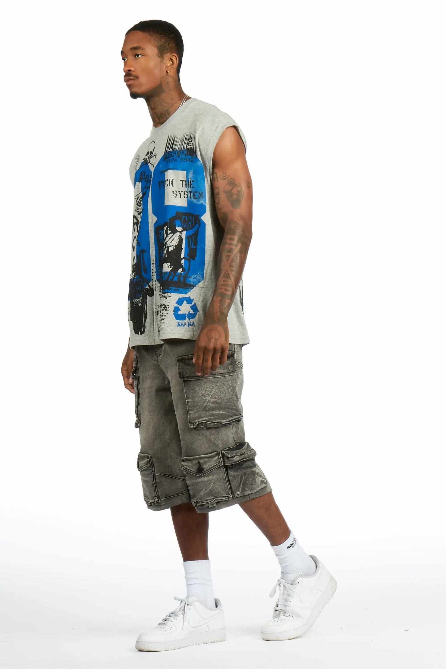 Grill 3.0 Heather Grey/Grey Oversized Graphic T-Shirt & Mahesh Baggy Cargo Jean Short