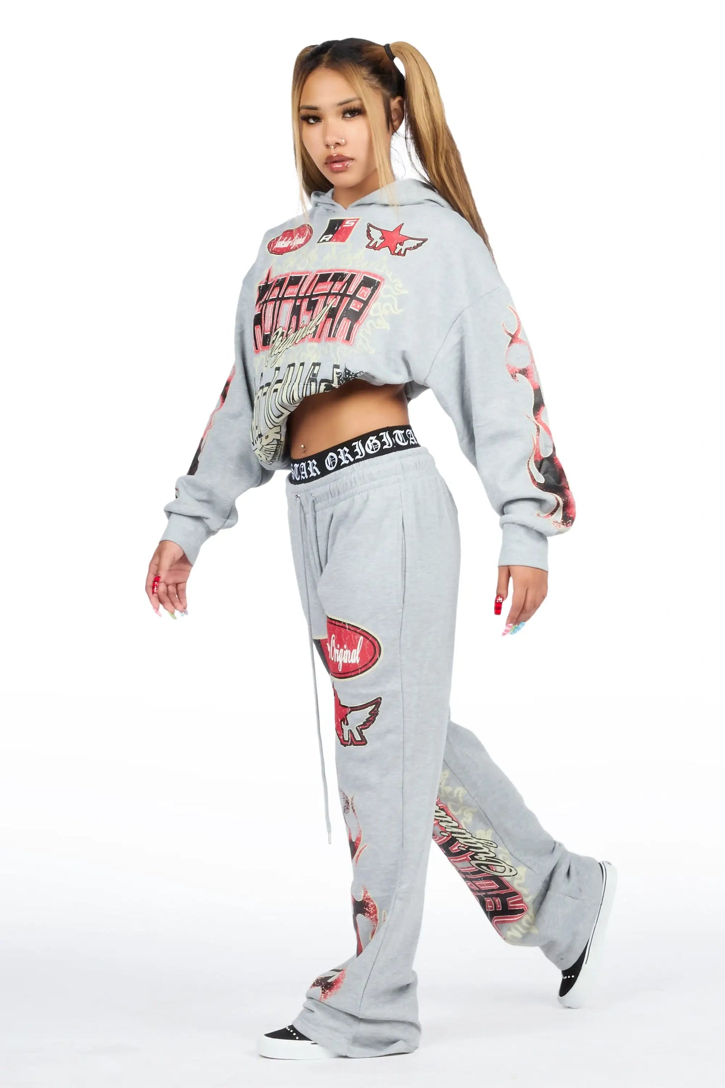 Zyre Heather Grey Graphic Baggy Fit Track Set