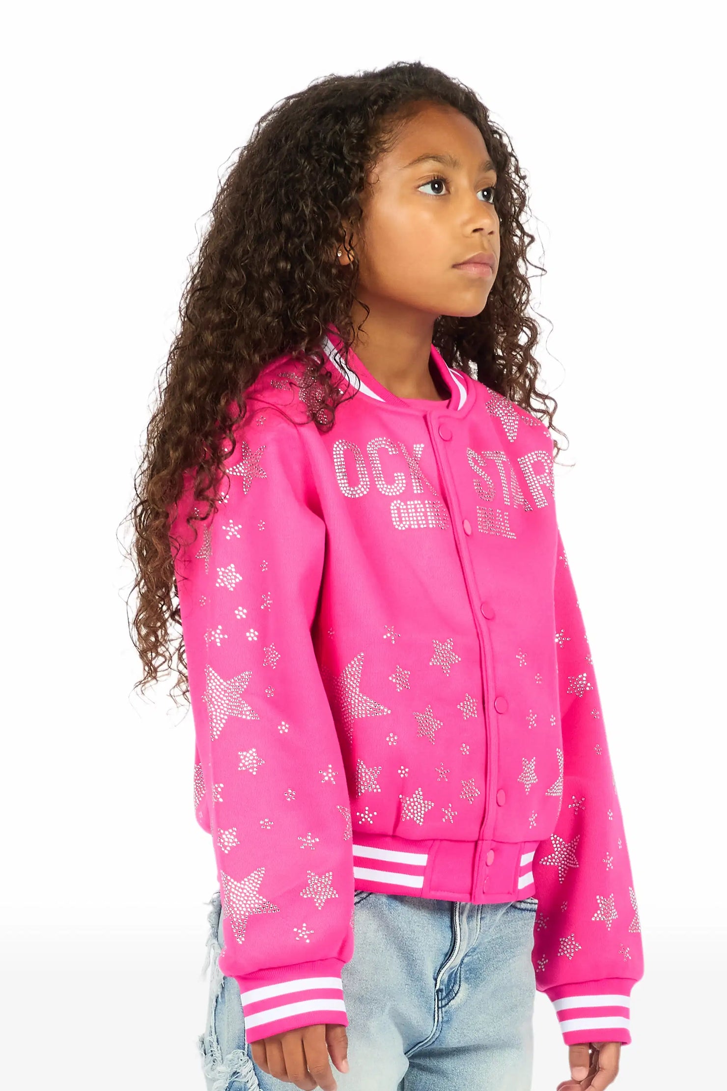 Girls Shanda Pink Crop Varsity Jacket
