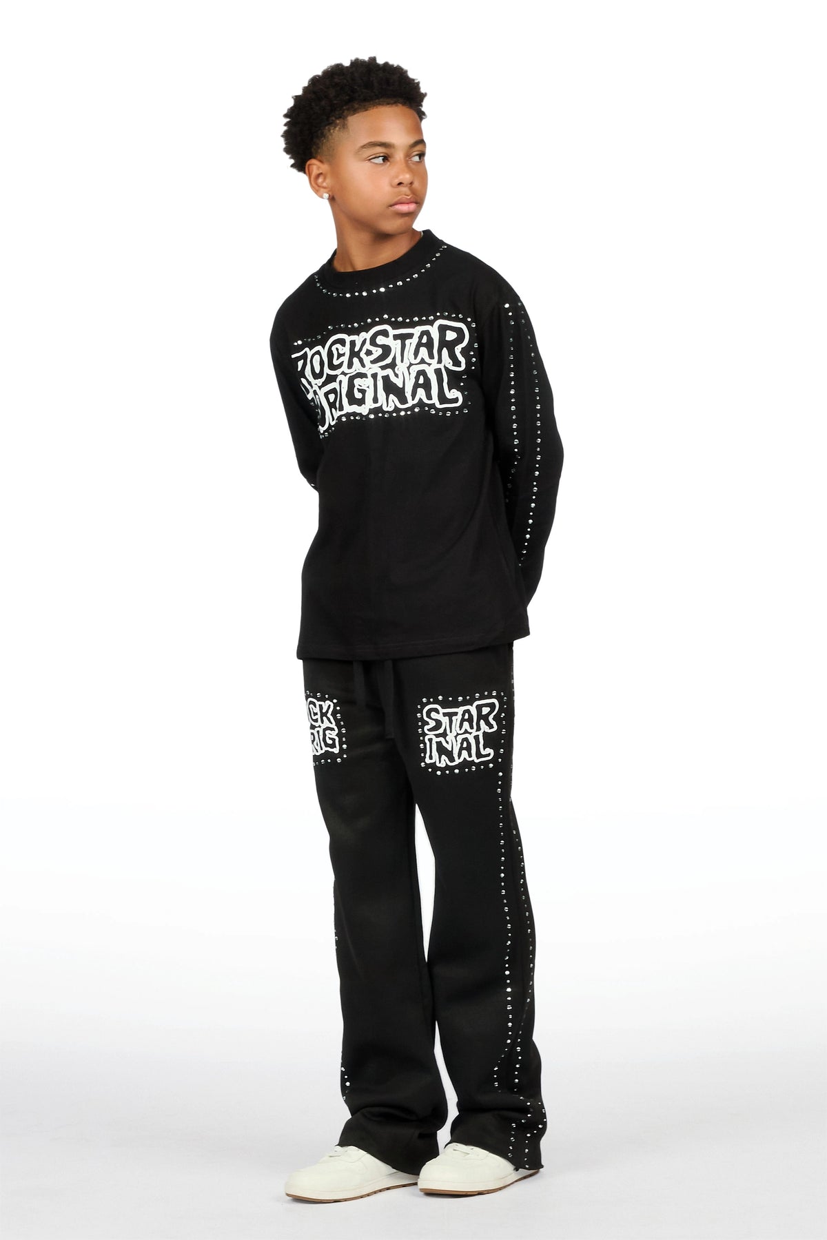 Boys Marc Black Rhinestone Long Sleeve Shirt Relaxed Track Set