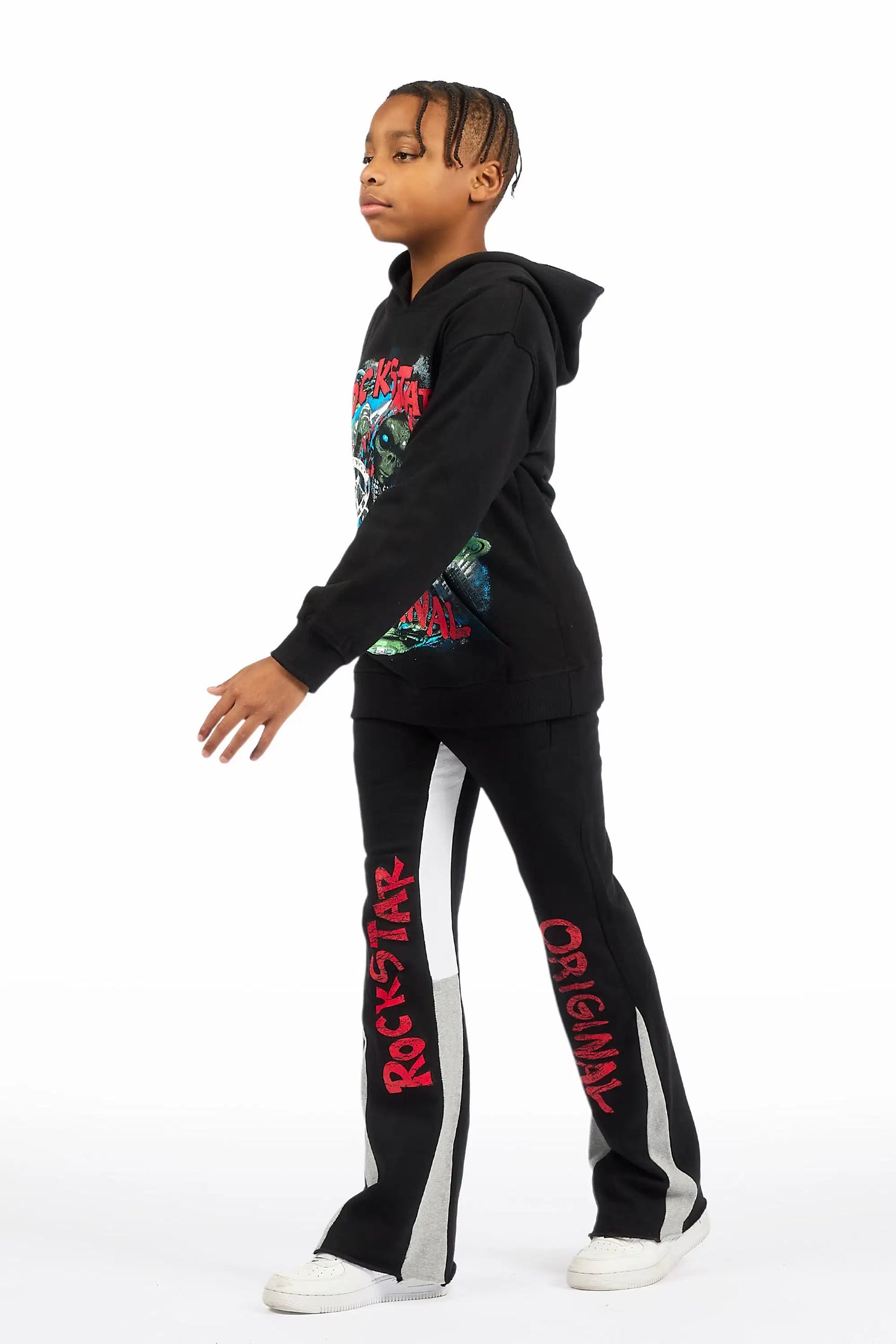 Boys Caevon Black/Multi Hoodie/Stacked Flare Track Set
