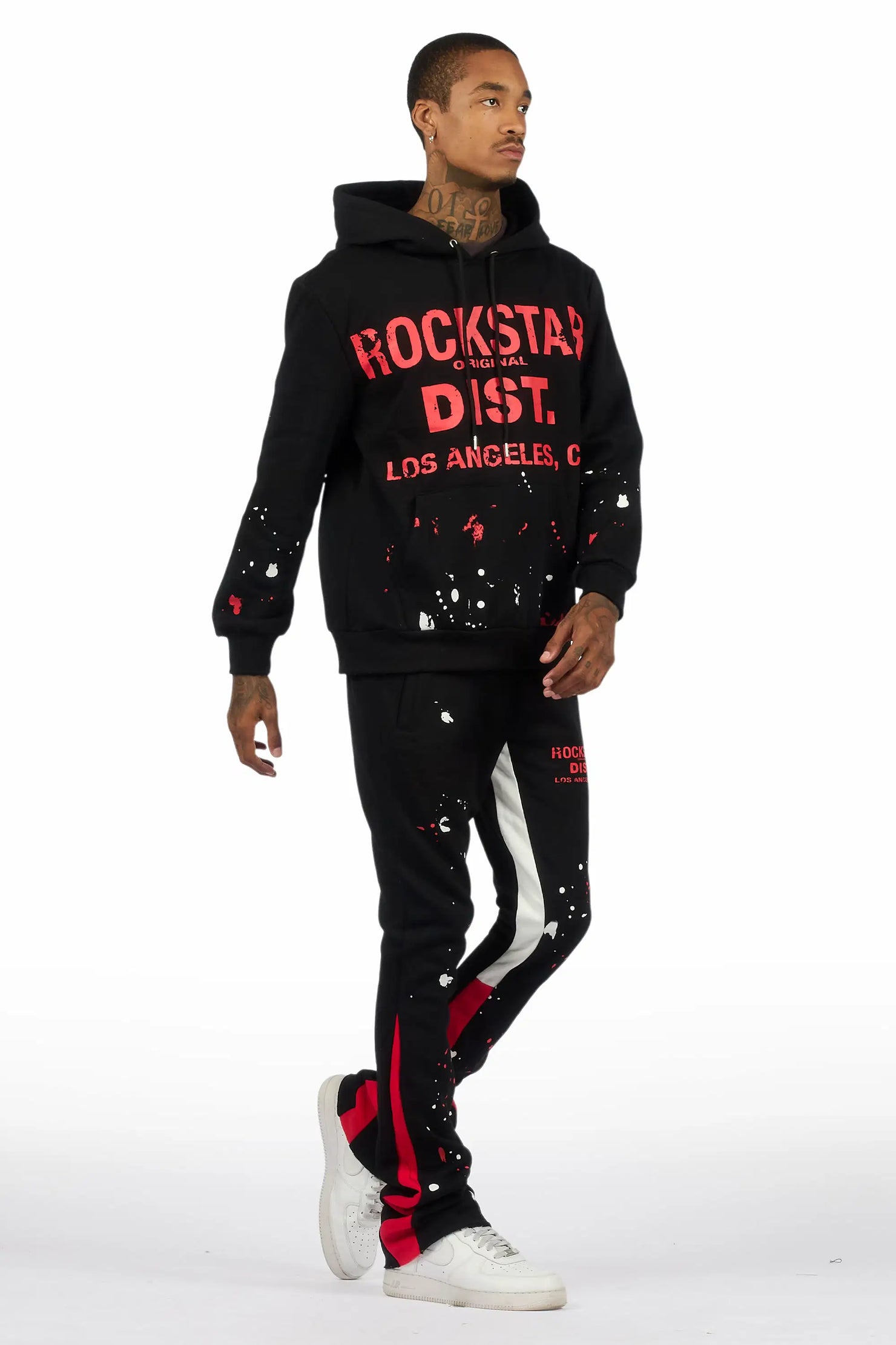 Scottie Black/Red Paint Splatter Hoodie/Stacked Flare Pant Set