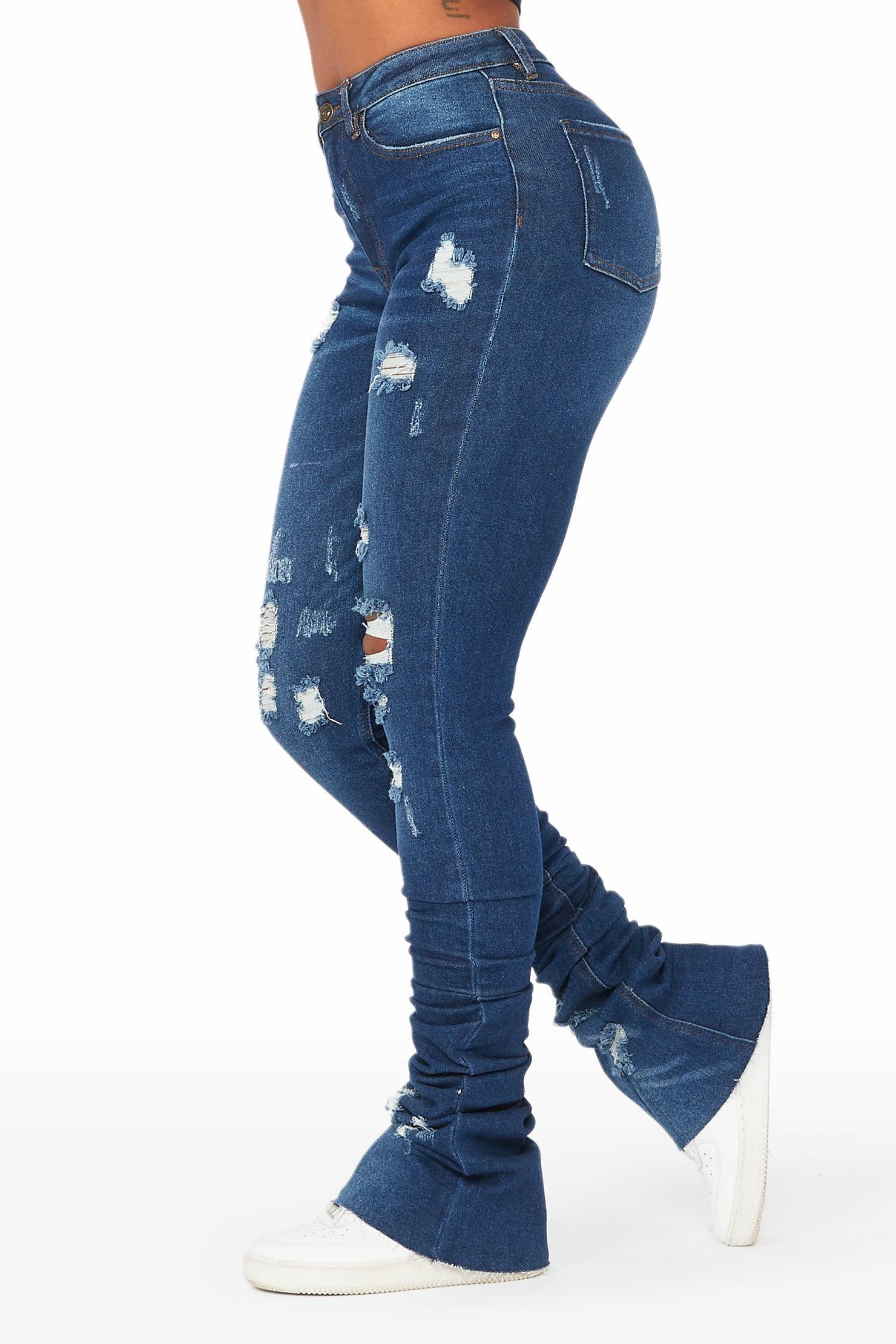 Samire Dark Wash Distressed Super Stacked Jean