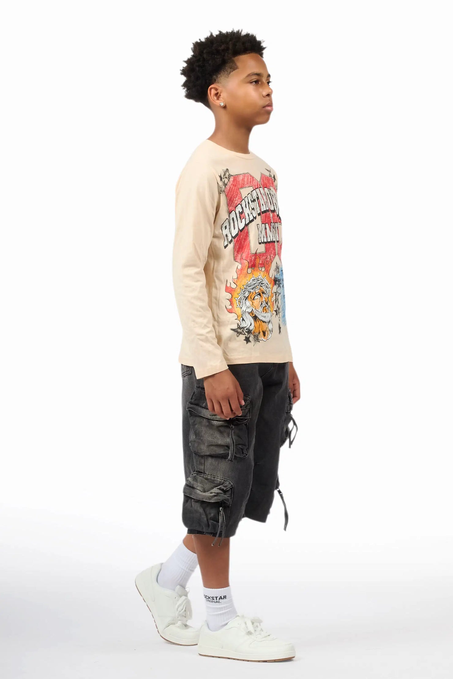 Boys Jesus Crayon Sand/Black Long Sleeve T-Shirt/Denim Jort Set