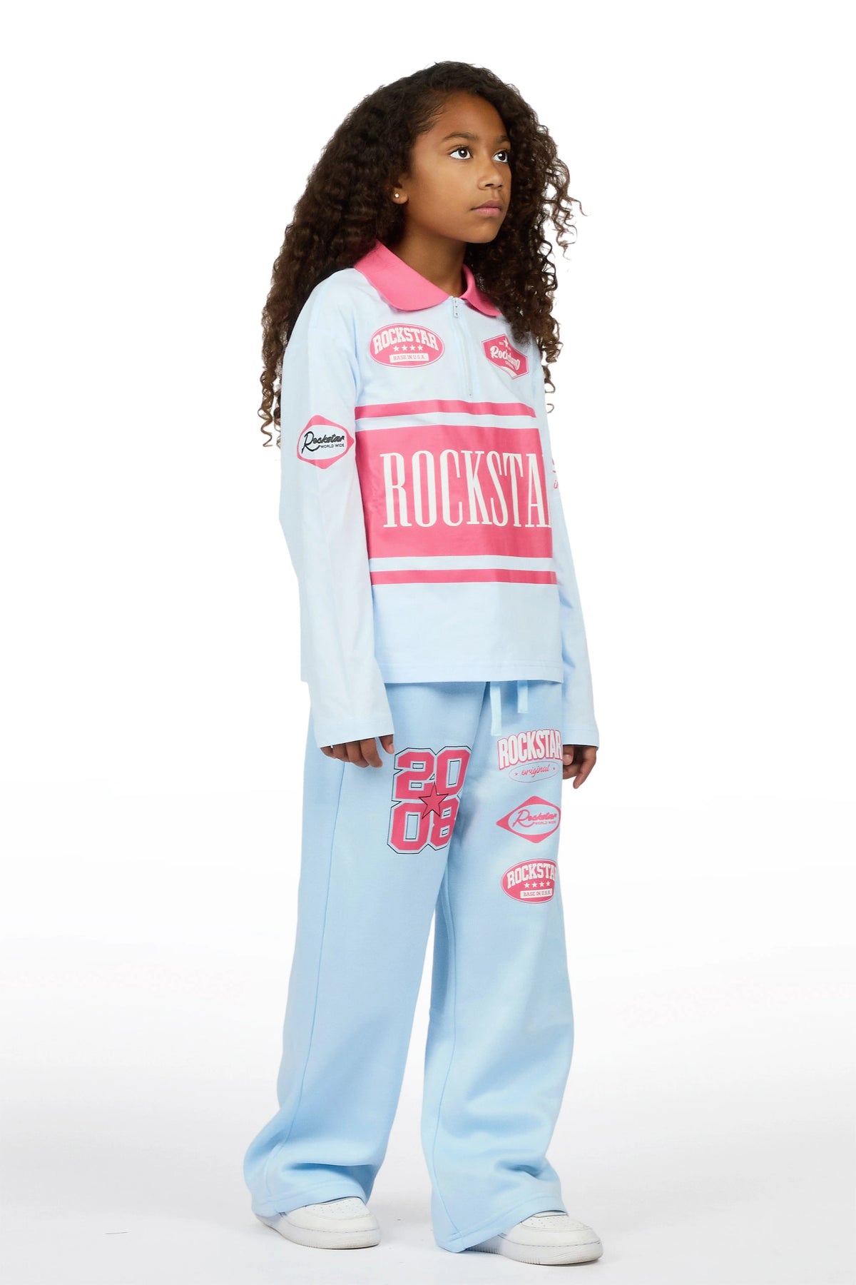 Girls Versenya Light Blue/Hot Pink Long Sleeve Polo Track Set