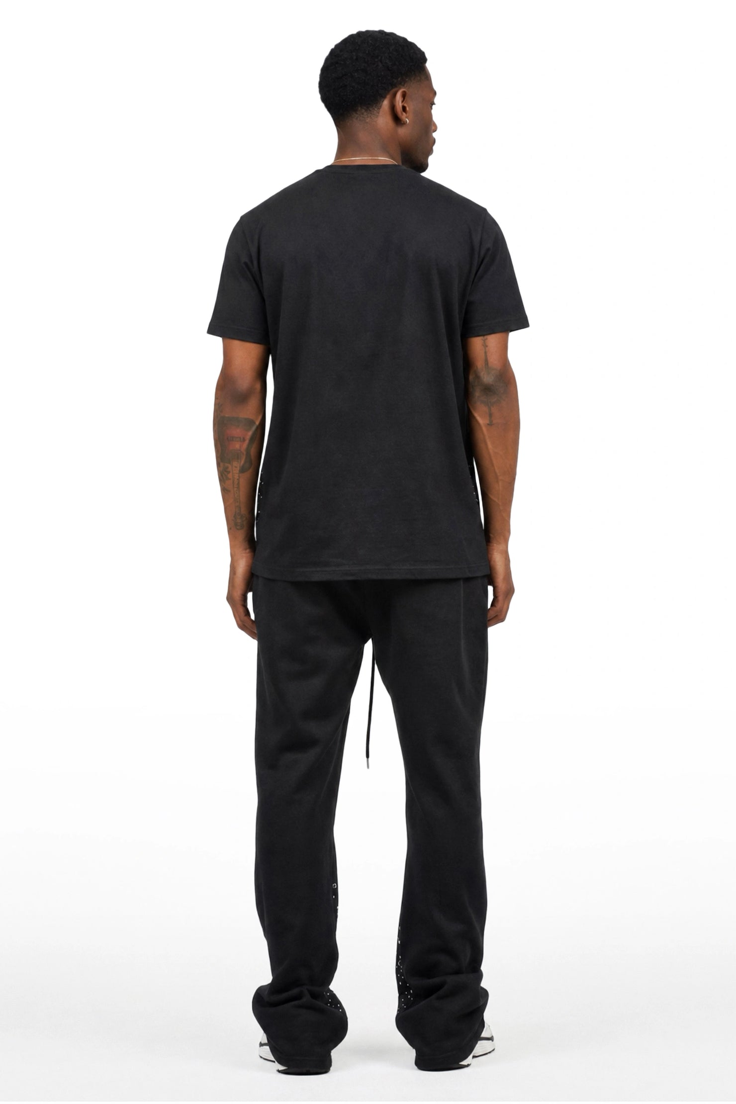 Malykz Black/Black Rhinestone T-shirt/Stacked Flare Track Pant Set