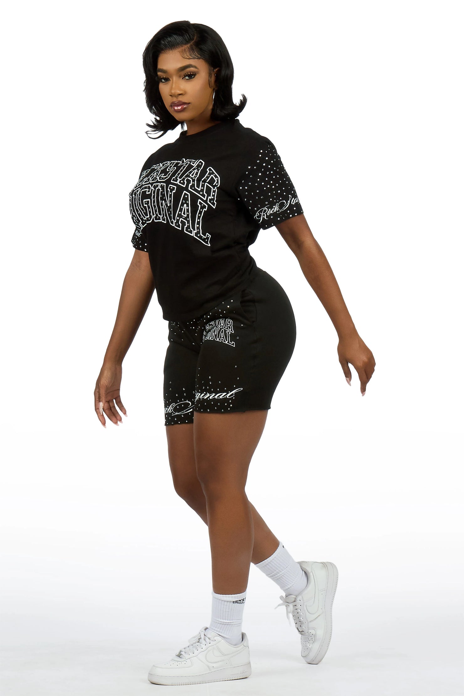 Lakisha Black Rhinestone T-Shirt Short Set