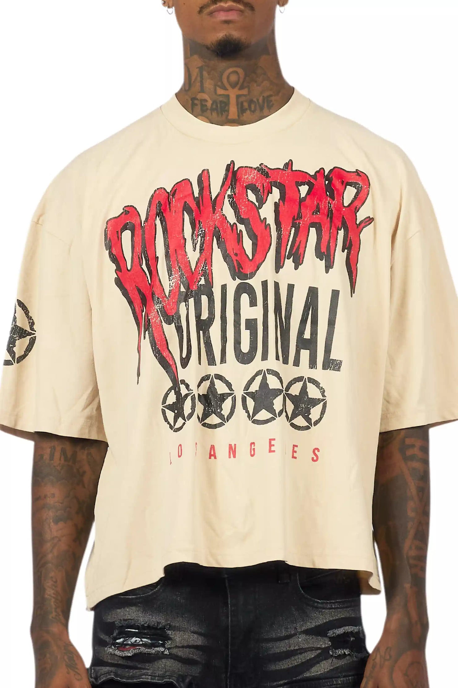 Wizzurd Beige/Red Boxy Crop T-Shirt