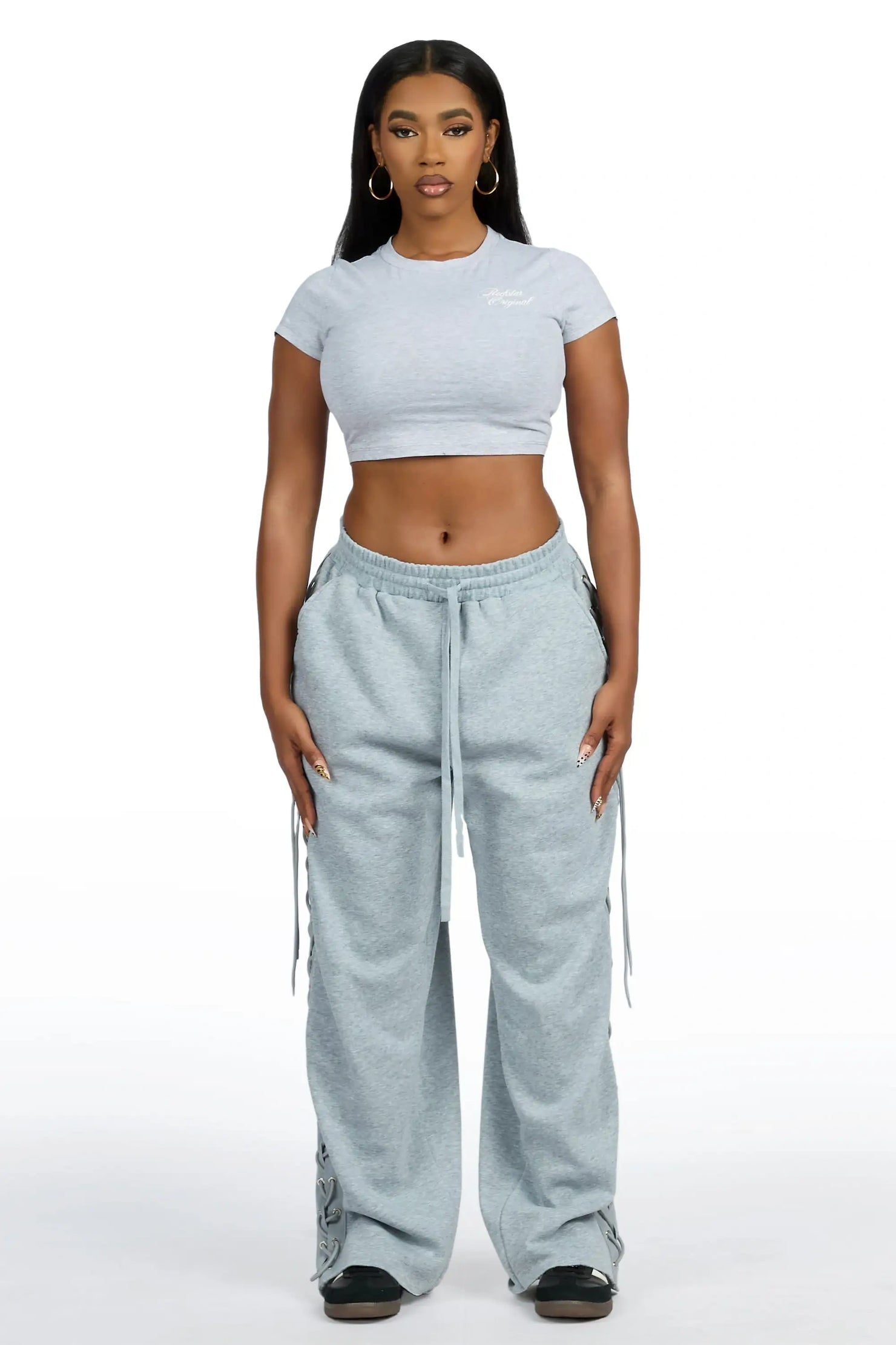 Desire Grey Lace Up  Crop T-Shirt Baggy Track Set