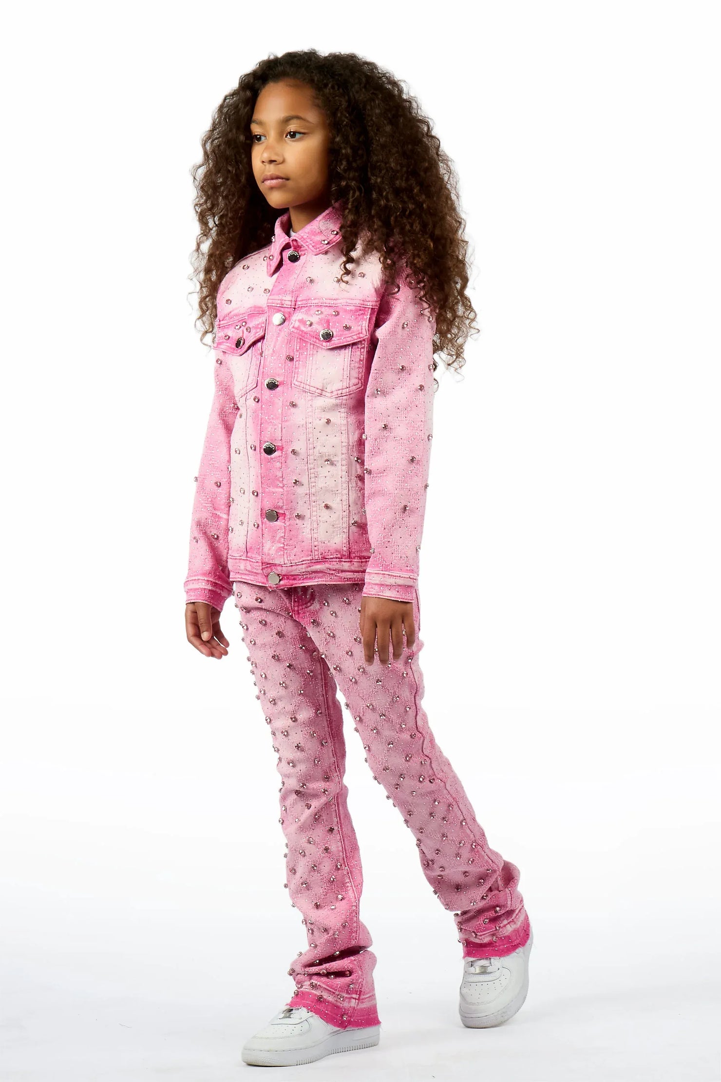 Girls Sareka Pink Rhinestone Denim Jacket/Jean Set