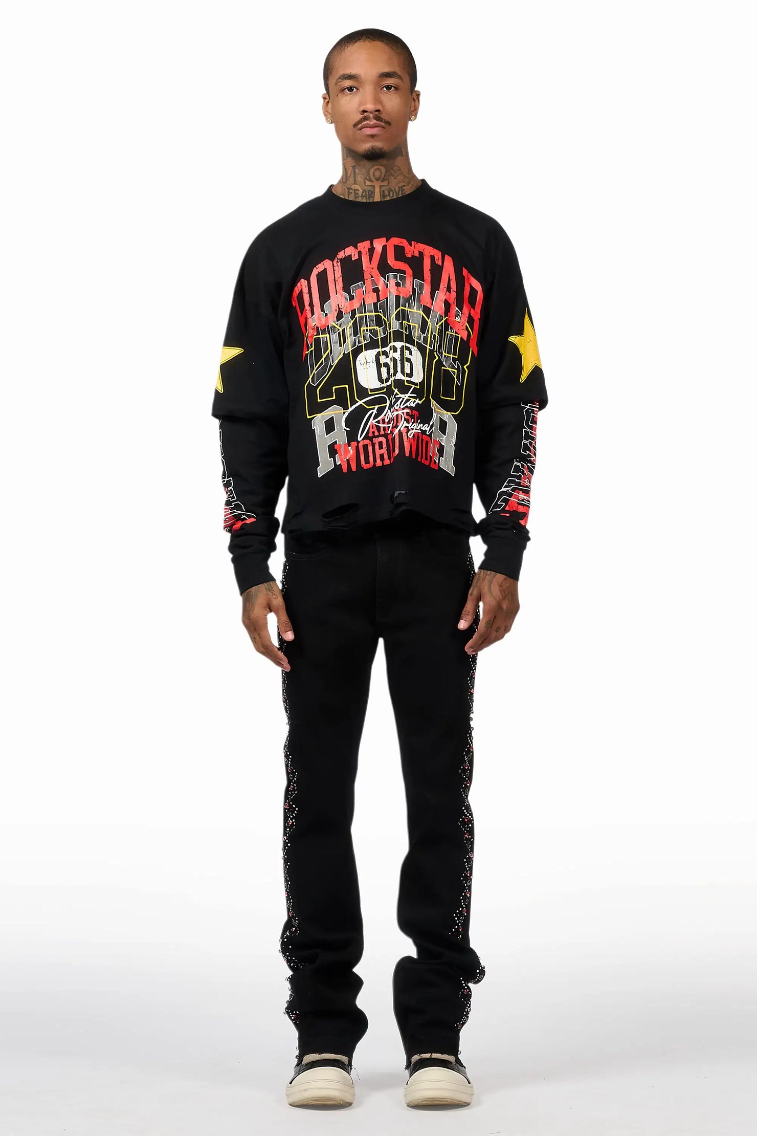Ozi Rhinestone Black Stacked Flare Jean