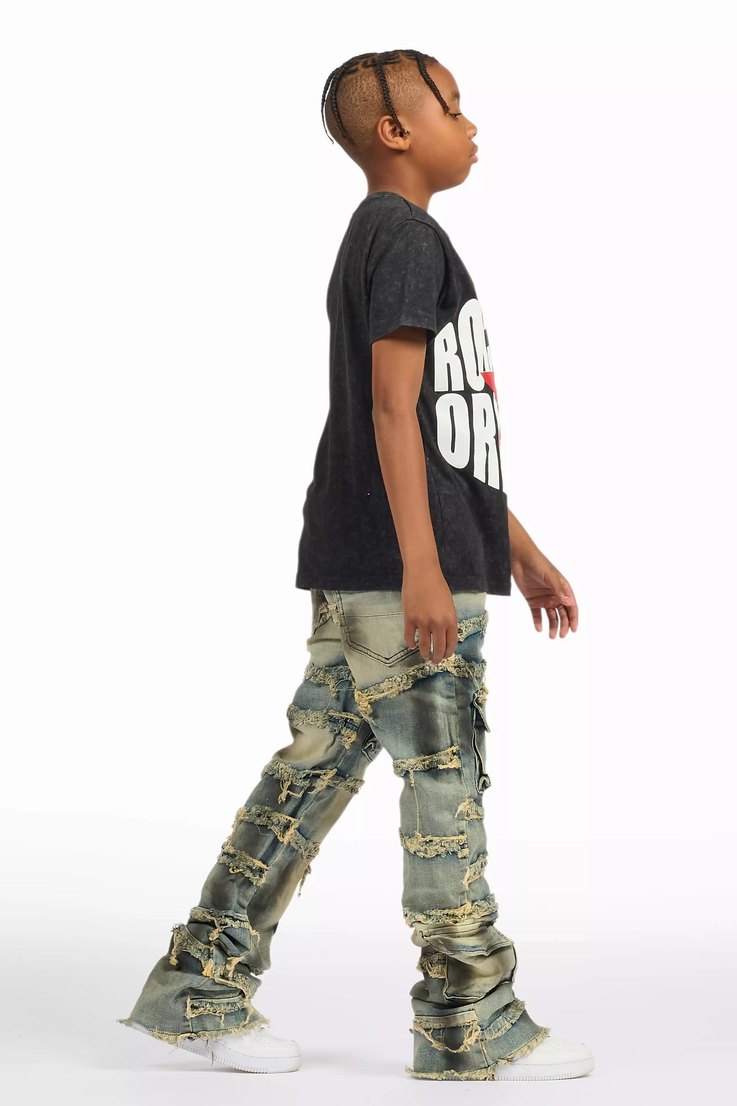 Boys Yves Blue Ripped Stacked Flare Cargo Jeans