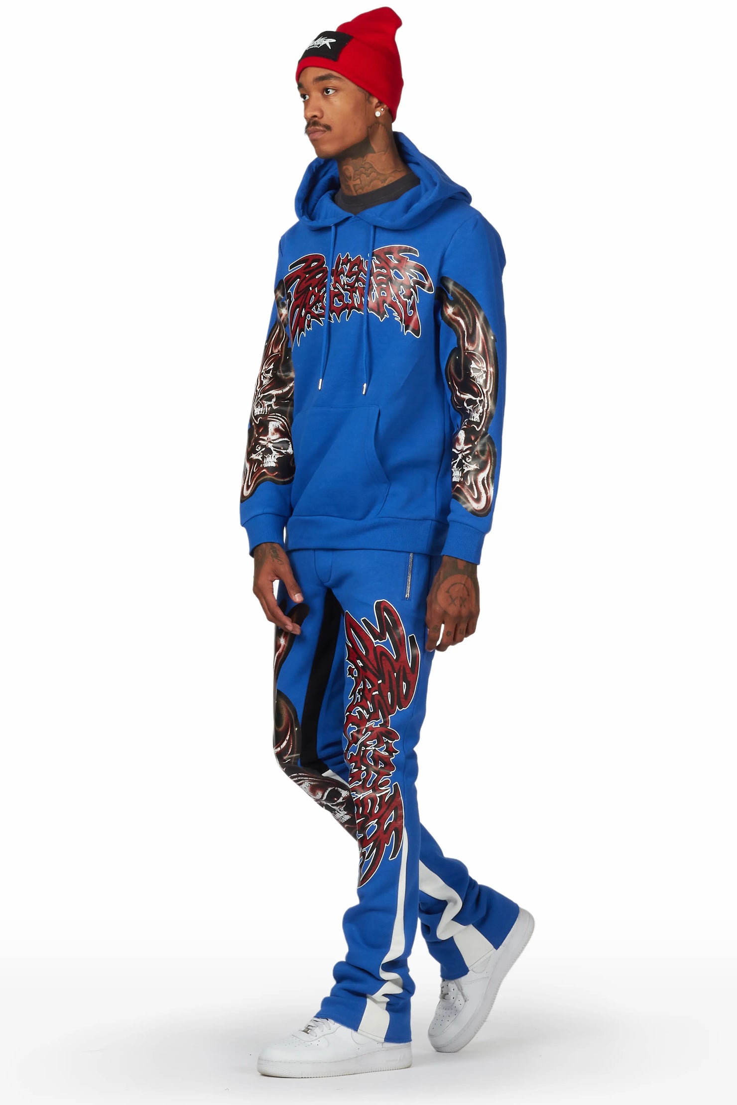 Smoky Royal Blue Hoodie Stacked Flare Track Set