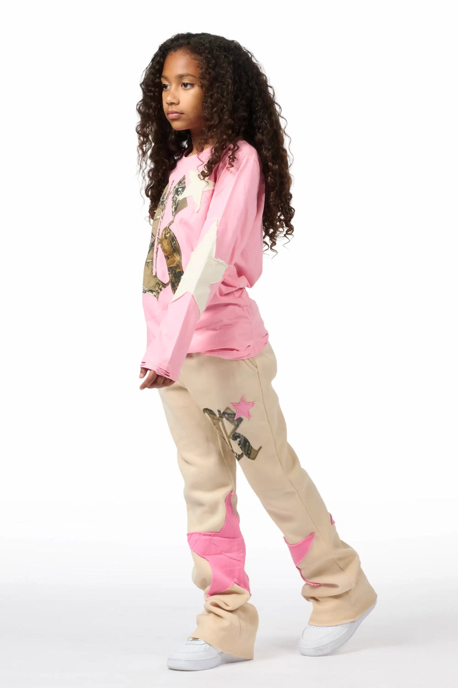 Girls Delgera Pink/Beige Long Sleeve T-Shirt Track Set