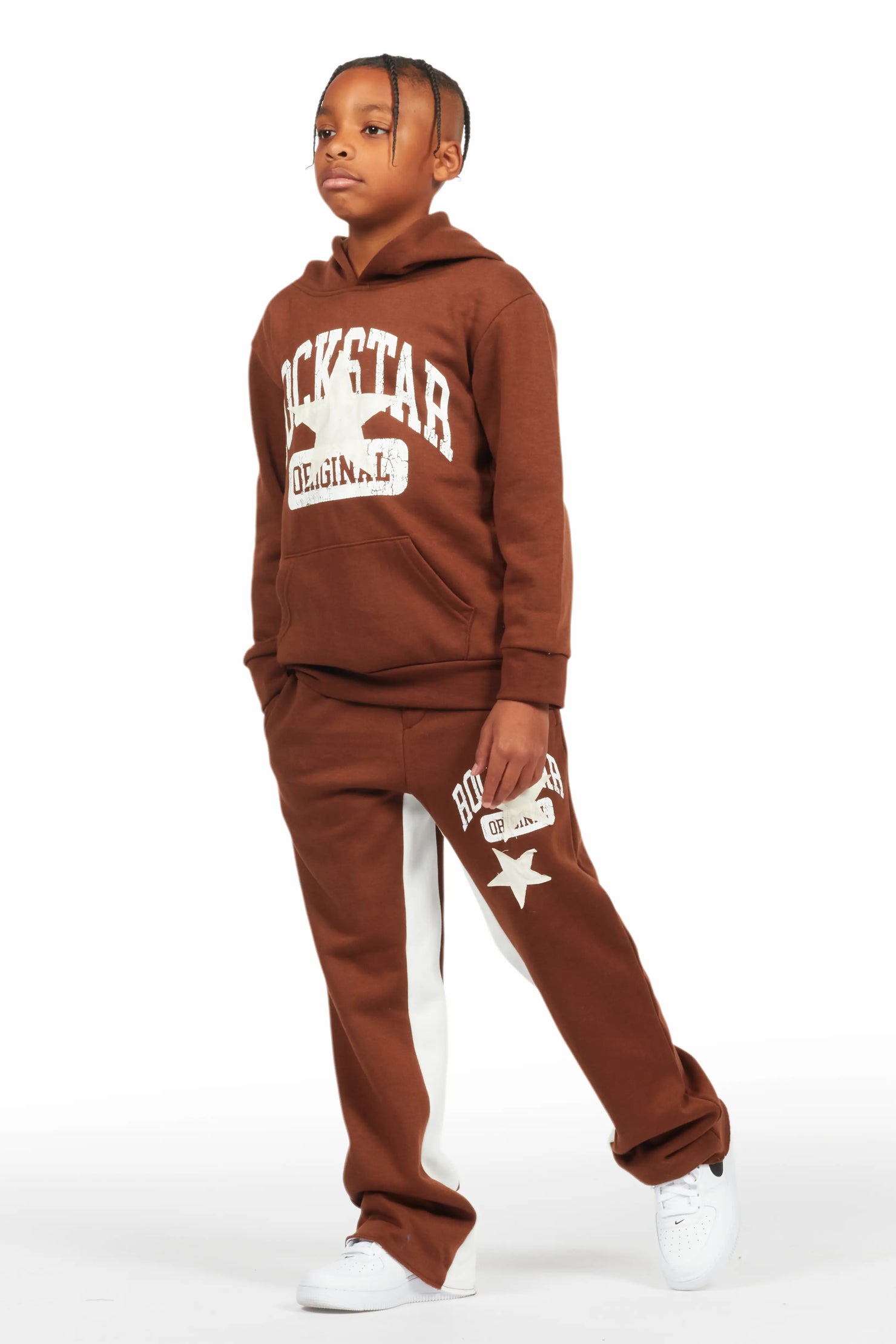 Boys Mallor Brown Baggy Stacked Hoodie Track Set