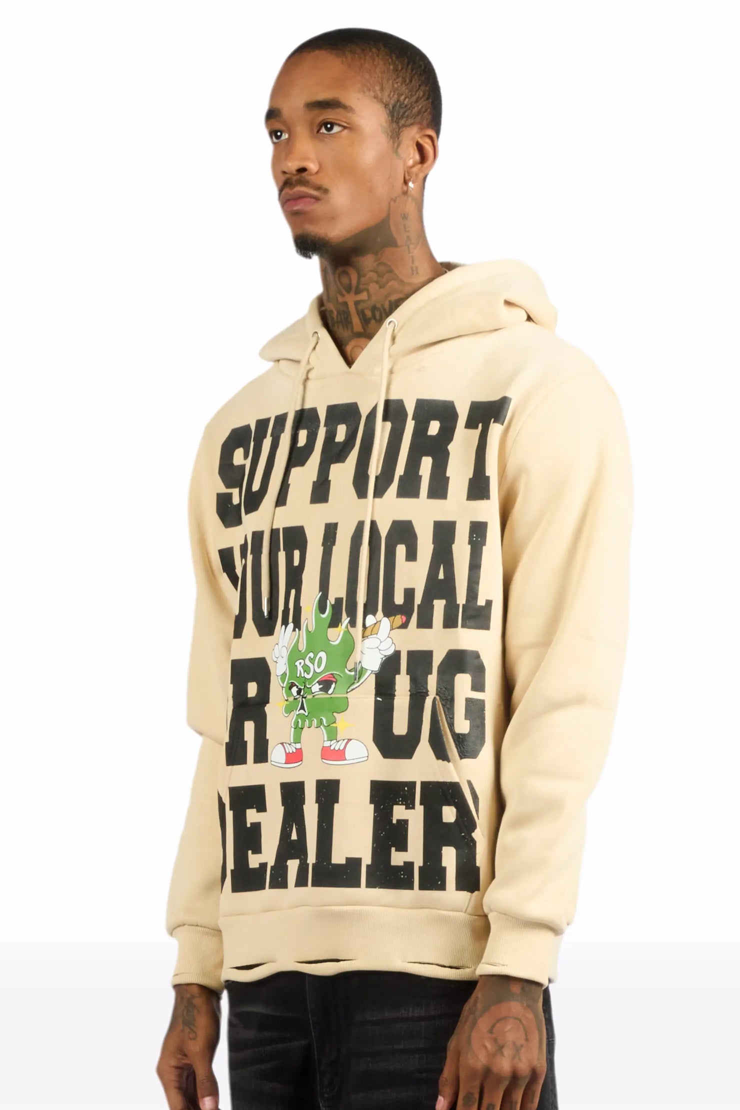 Tarl Beige Distressed Graphic Relaxed Hoodie