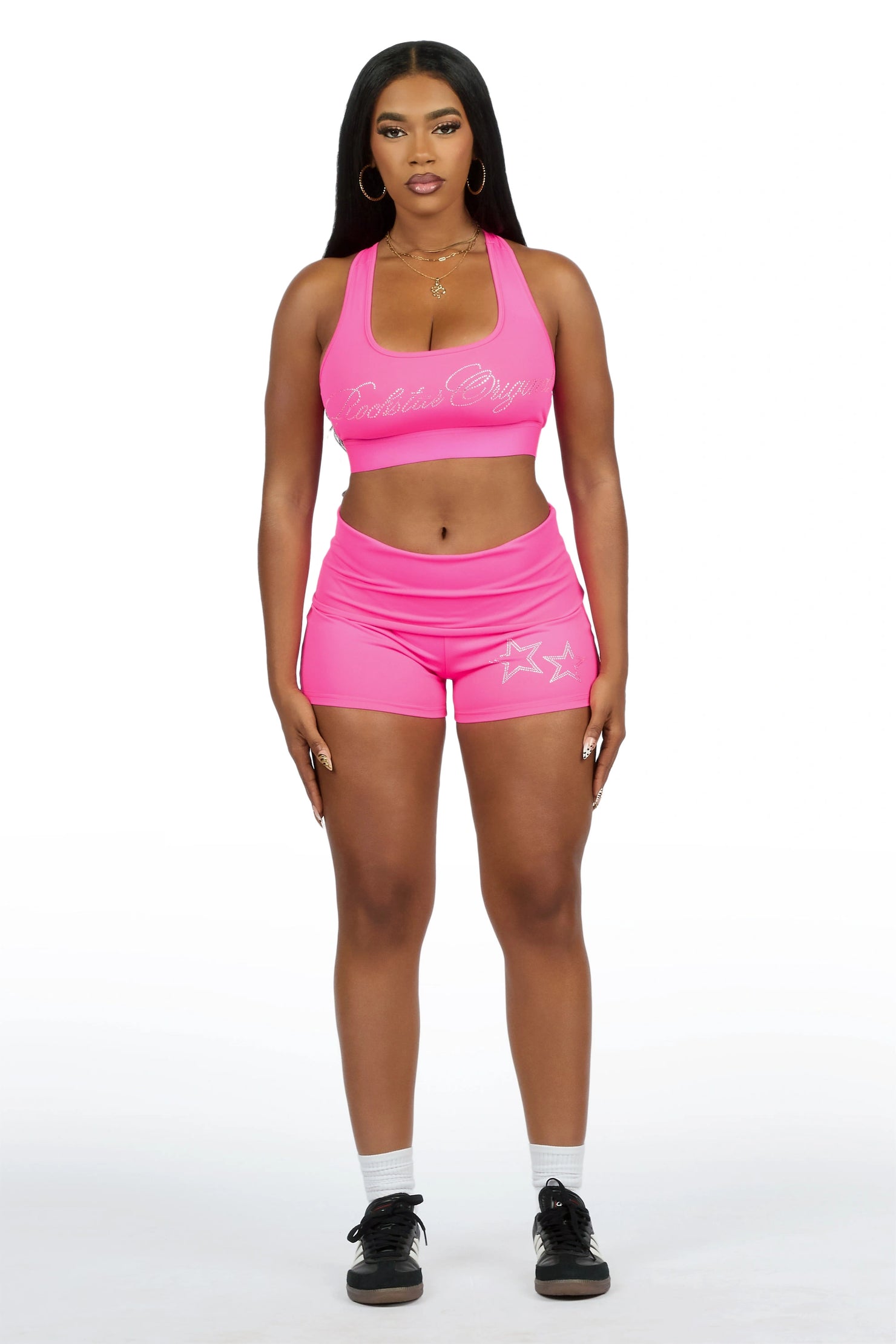 Arieona Hot Pink Rhinestone Sports Bra Foldover Short Set