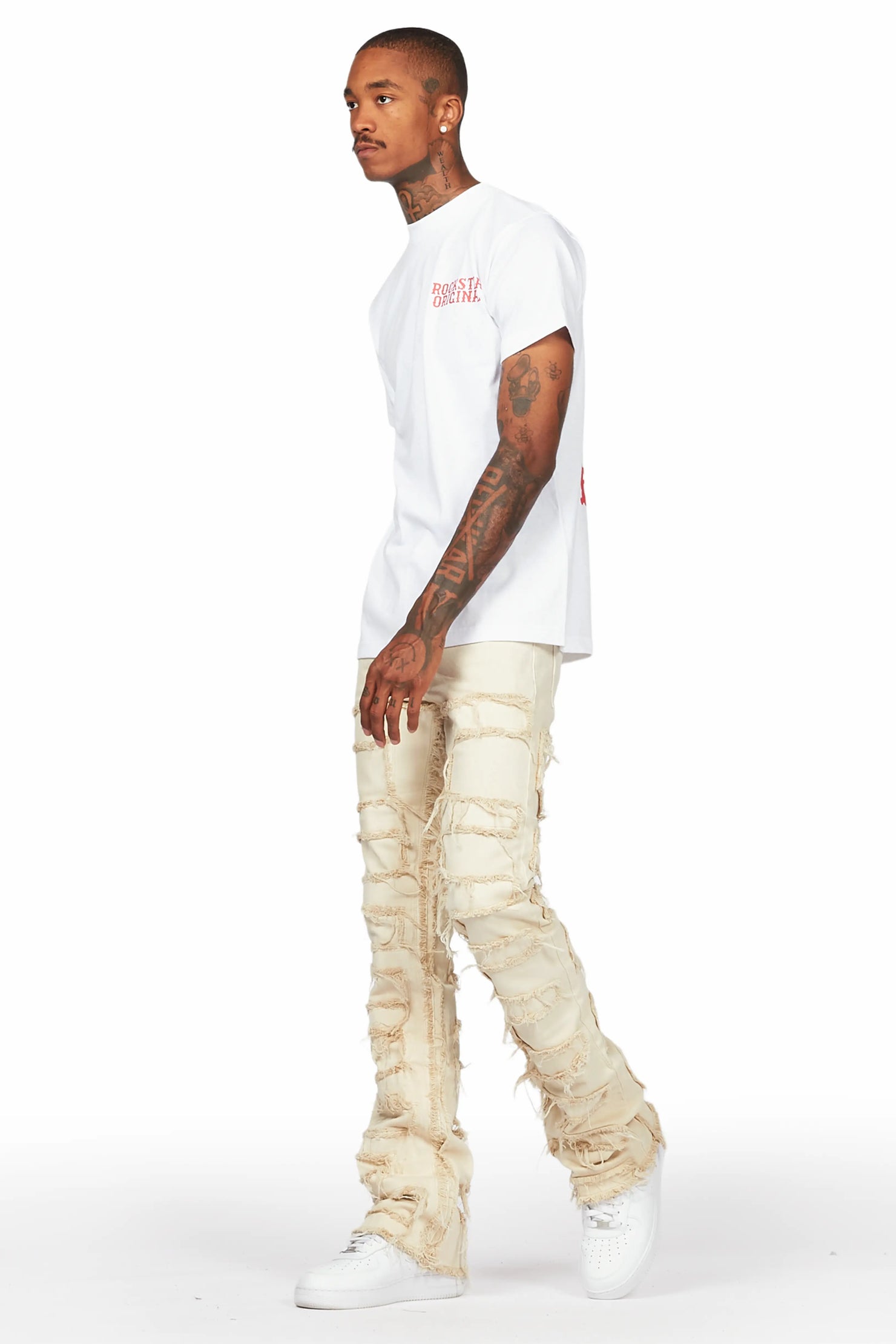 Posse White T-Shirt & Shake Beige Stacked Jean Bundle